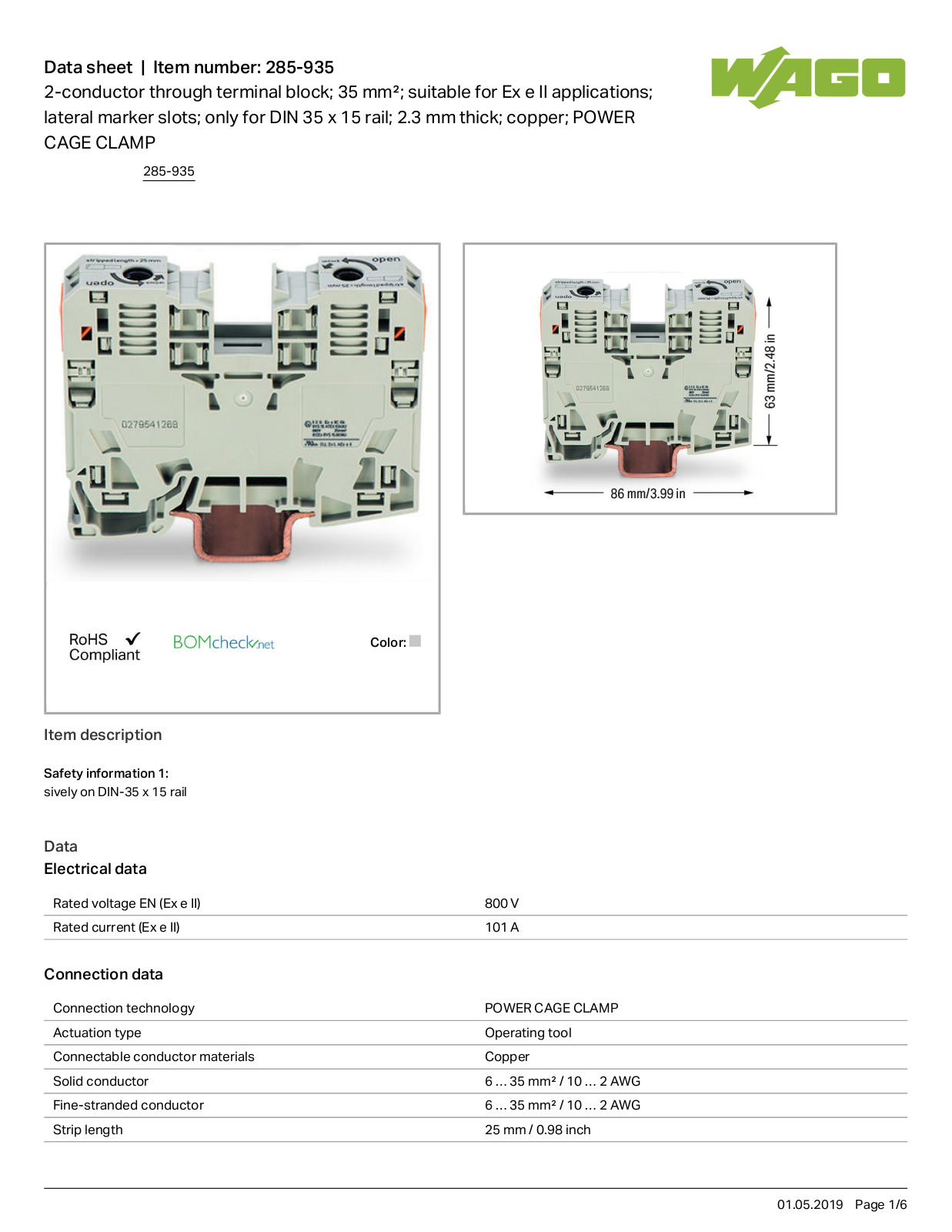 Wago 285-935 Data Sheet