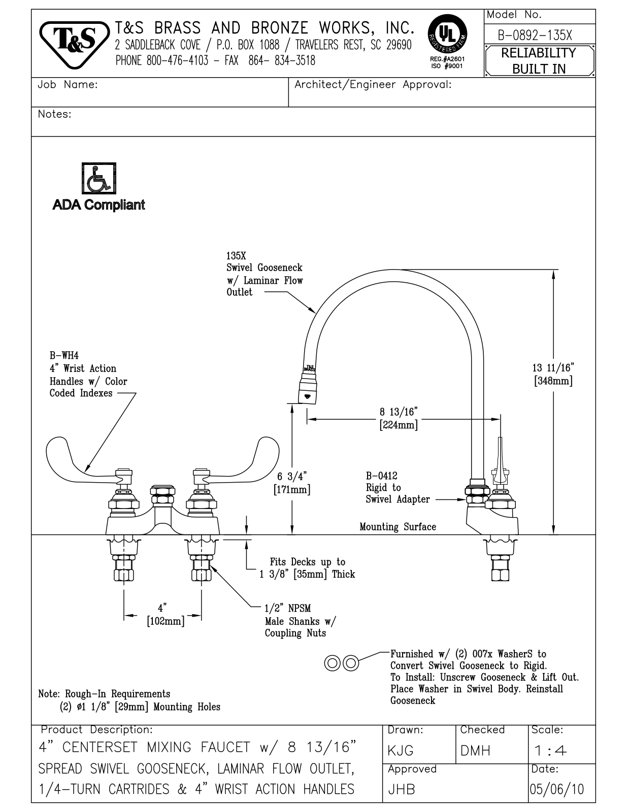 T & S Brass & Bronze Works B-0892-135X General Manual