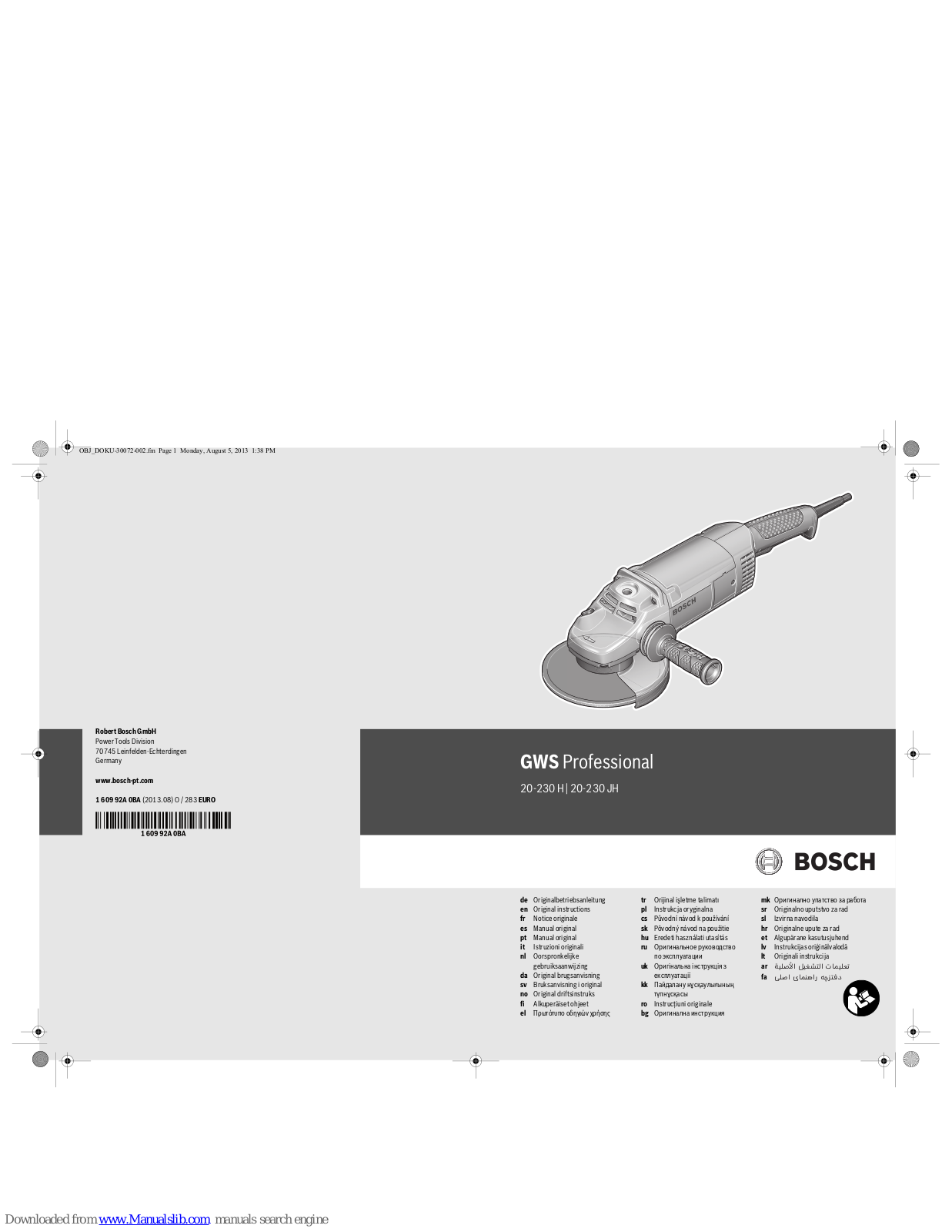 Bosch GWS Professional 20-230 H, GWS Professional 20-230 JH Original Instructions Manual