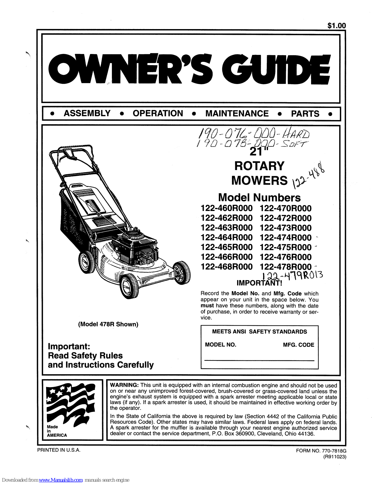 MTD 122-468R000, 122-465R000, 122-466R000, 122-462R000, 122-470R000 Owner's Manual