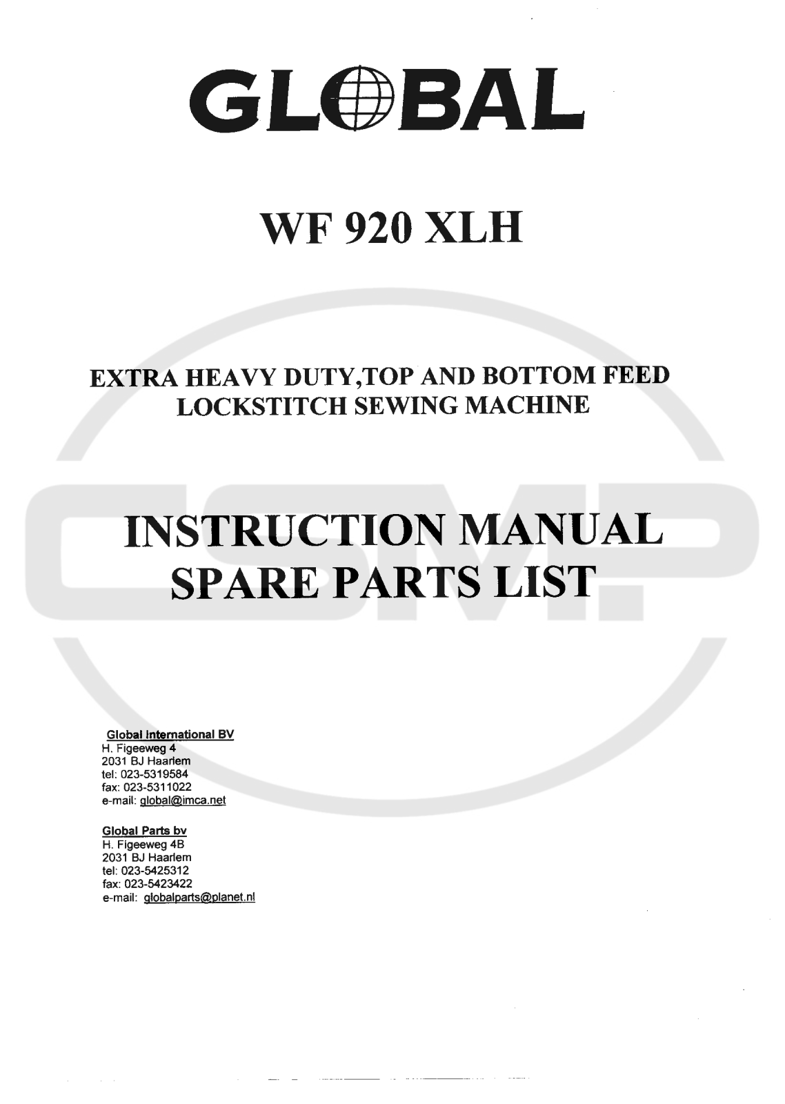 Global WF-920-XLH Parts Book