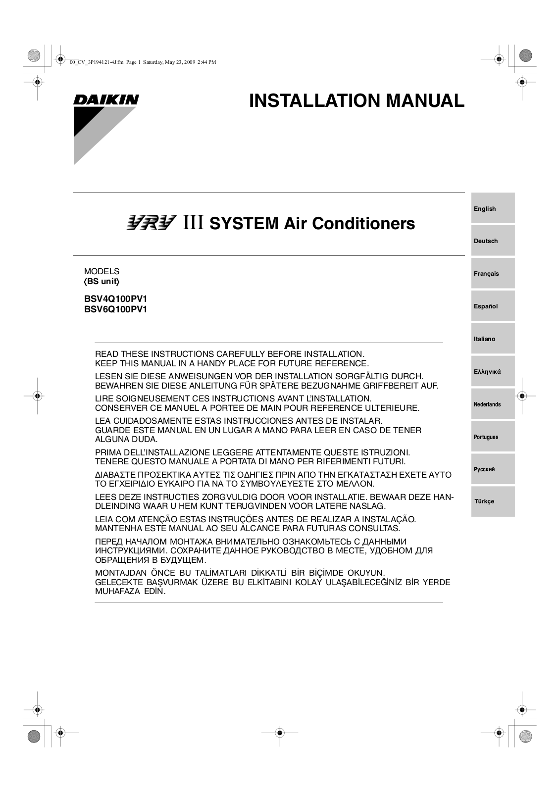 Daikin BSV4Q100PV1, BSV6Q100PV1 Installation manuals