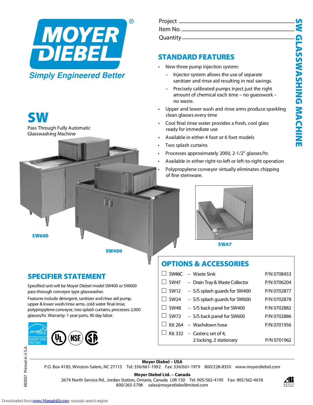 Moyer Diebel SW-600 Specifications