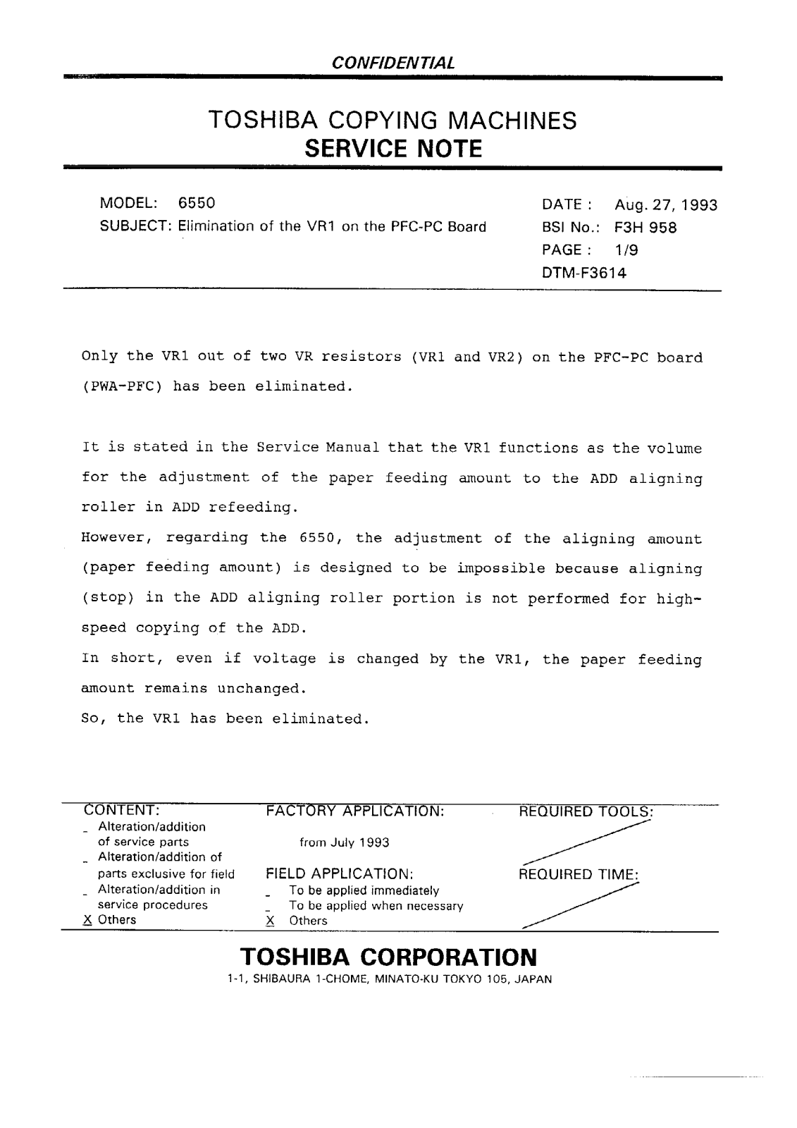 Toshiba f3h958 Service Note