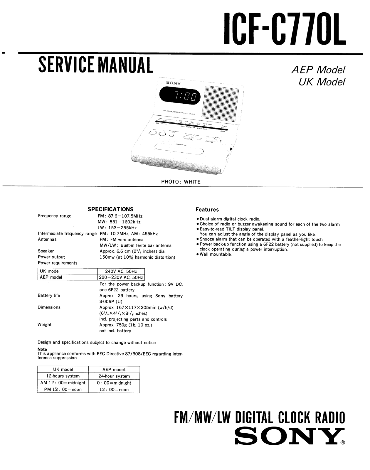 Sony ICFC-770-L Service manual