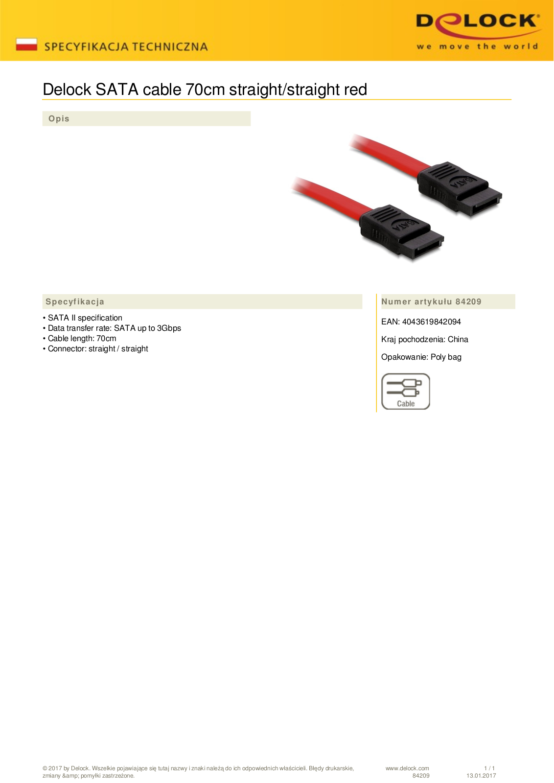 DeLOCK SATA cable red 0.7m User Manual