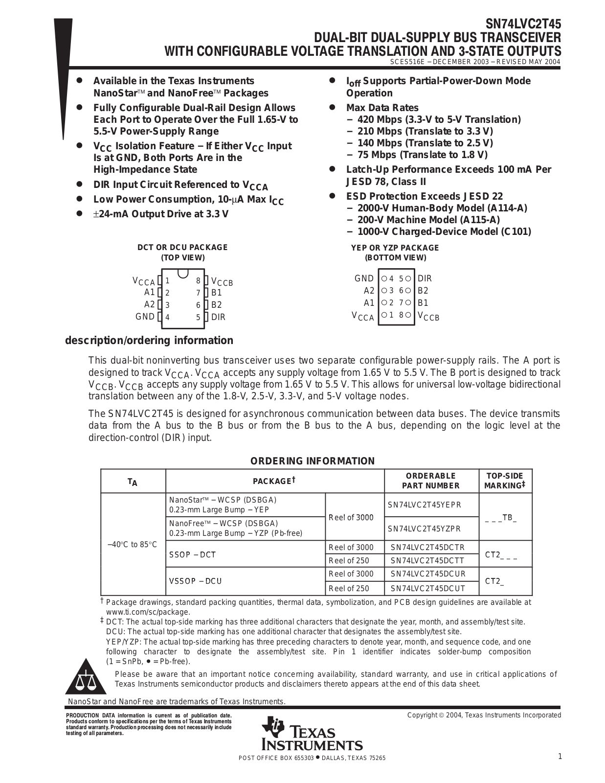 TEXAS INSTRUMENTS SN74LVC2T45 Technical data