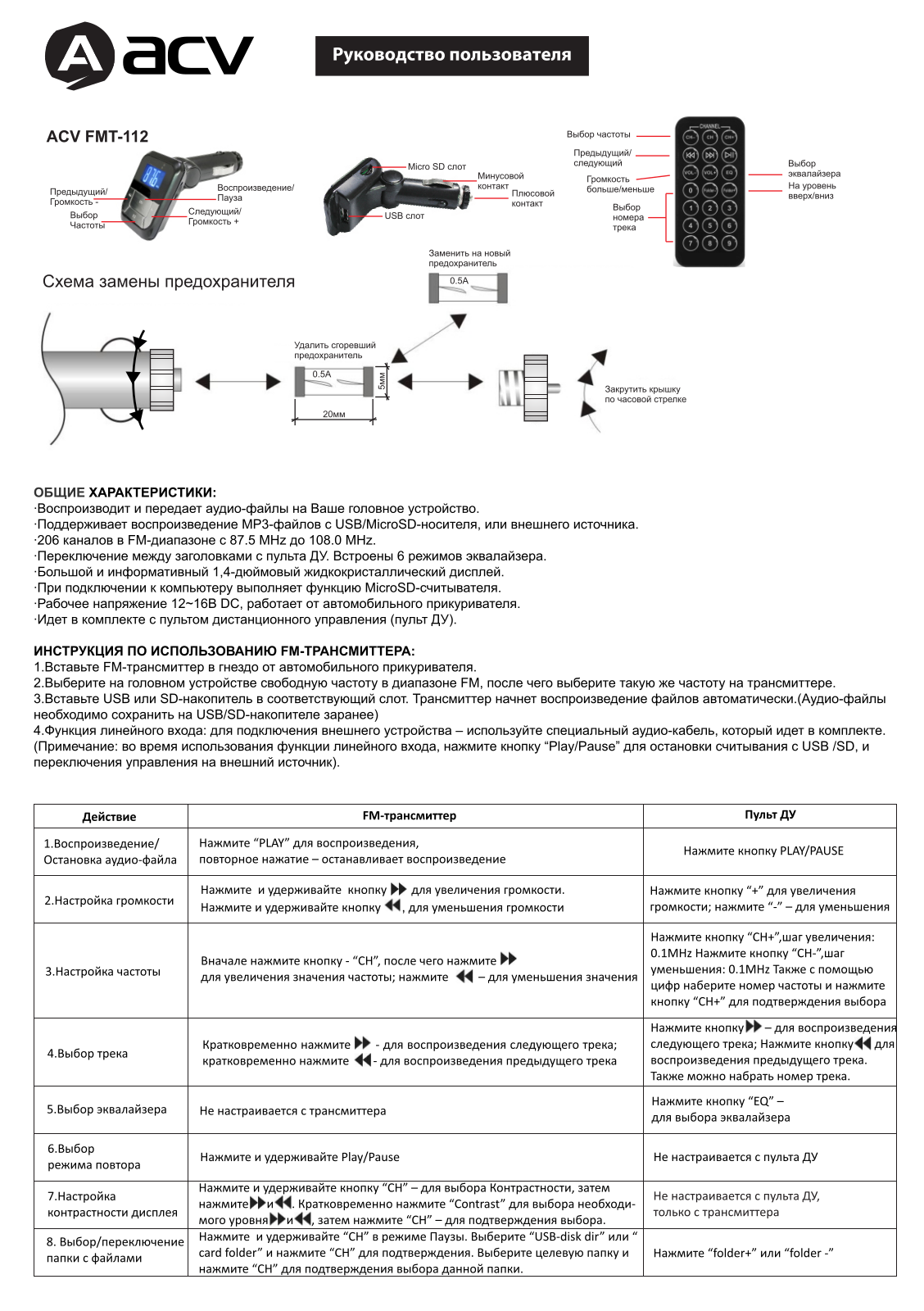 Acv FMT-142 User Manual