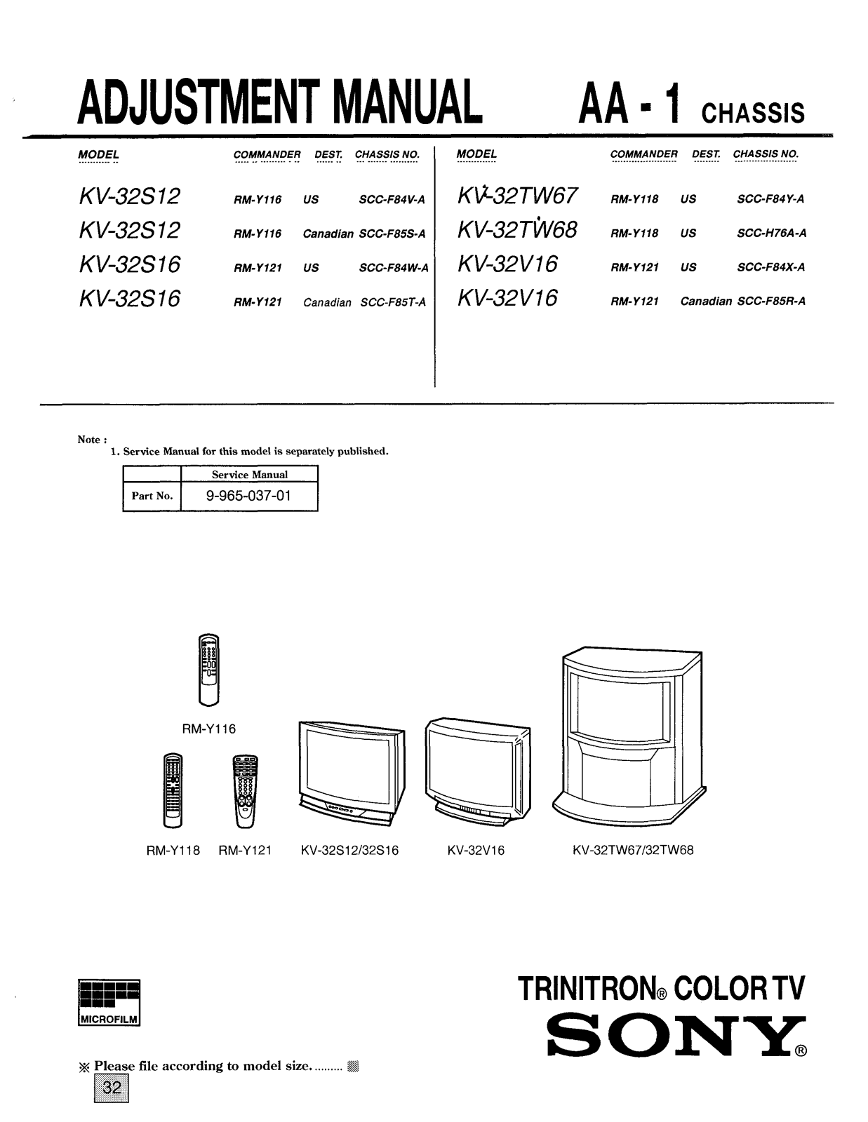 SONY kv 32s12, kv 32s16, kv 32tw67, kv 32tw68, kv 32v16 Service Manual