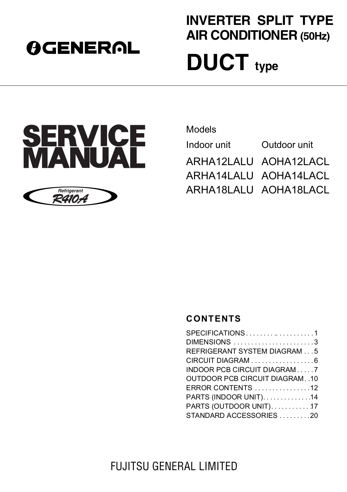 General ARHA12LALU, ARHA14LU, ARHA14LALU, ARHA18LA, ARHA18LALU Service Manual