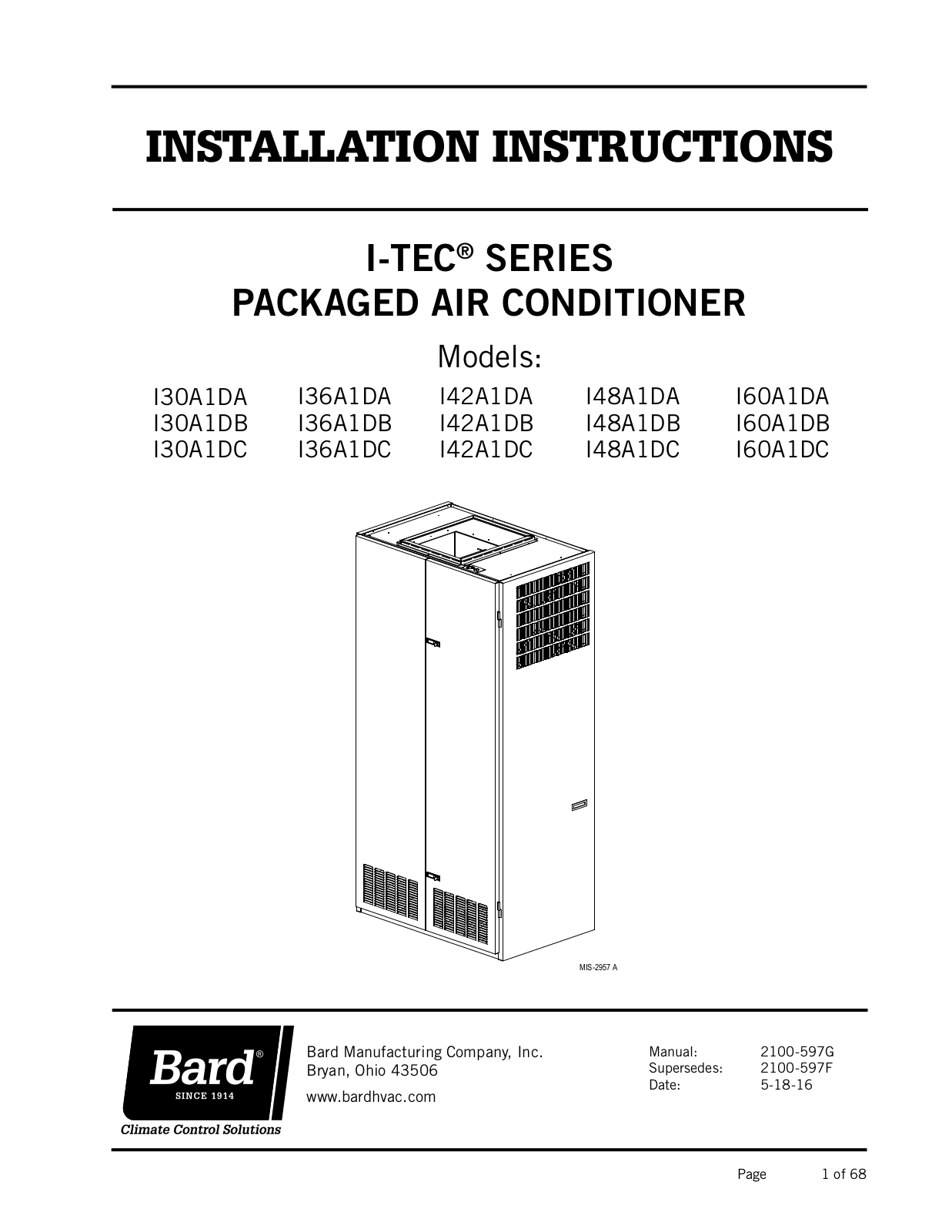 Bard I30A1DC, I36A1DC, I36A1DA, I36A1DB, I42A1DA Installation Instructions Manual