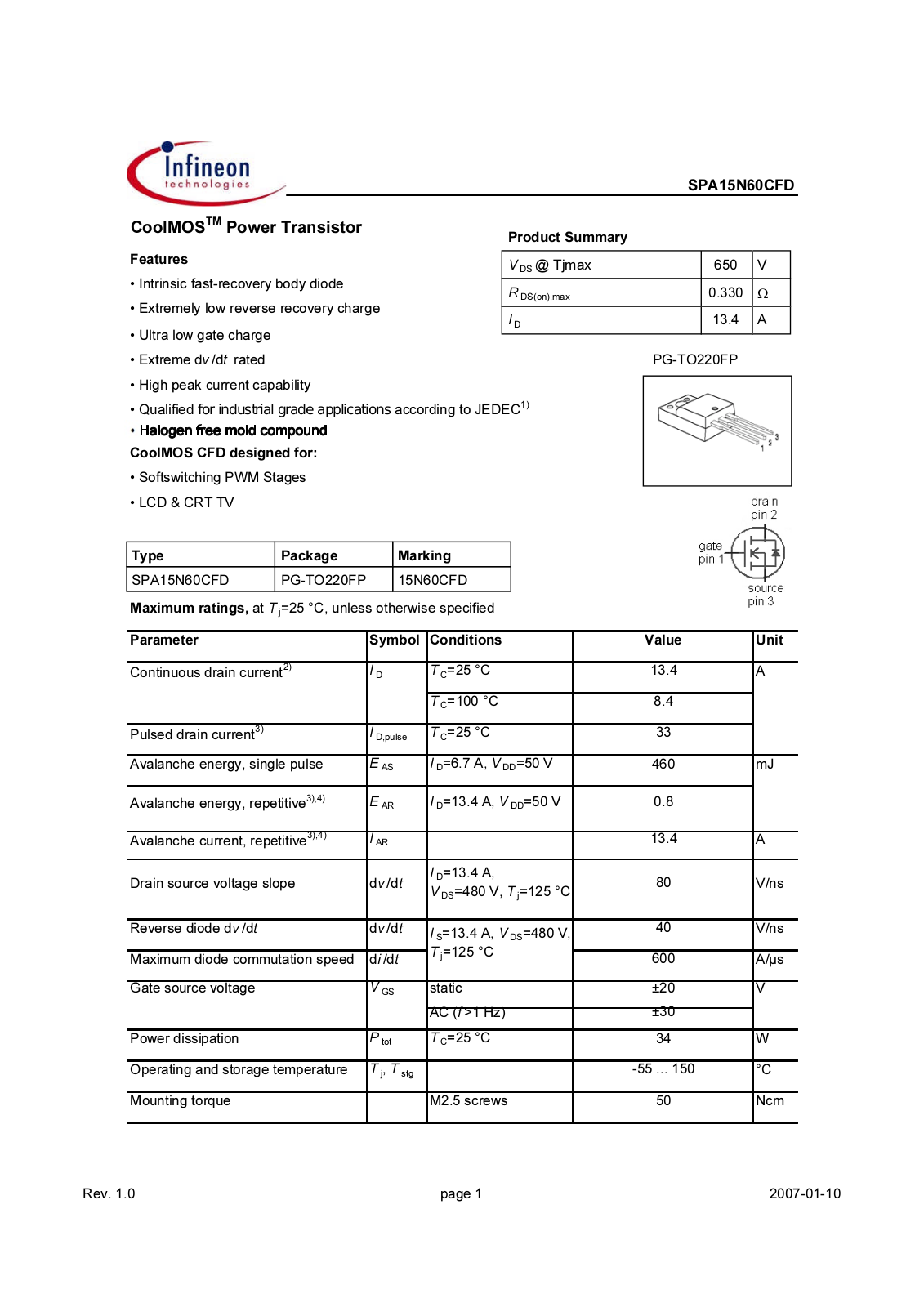 Datasheet spa15n60cfd_rev1.0 Datasheet - ManualMachine.com