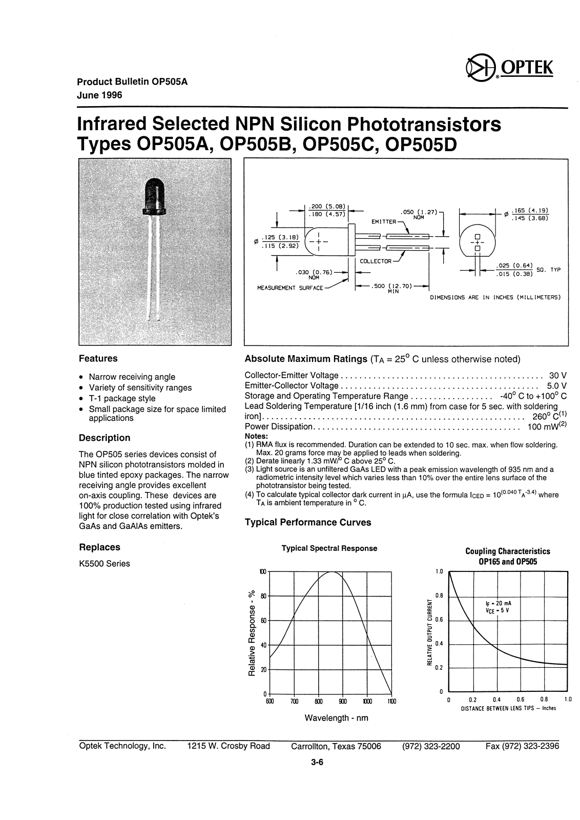 OPTEK OP505C, OP505D, OP505B, OP505A Datasheet