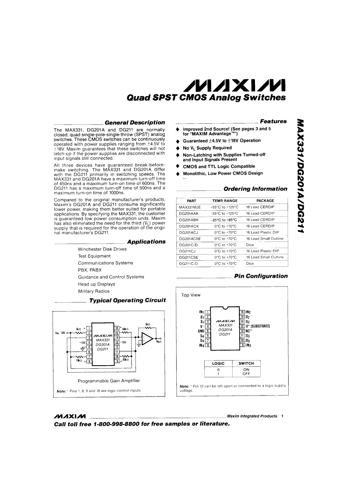 Maxim Integrated Producs DG201AAK, DG201ACSE, DG201ACK, DG201ACJ, DG201ABK Datasheet