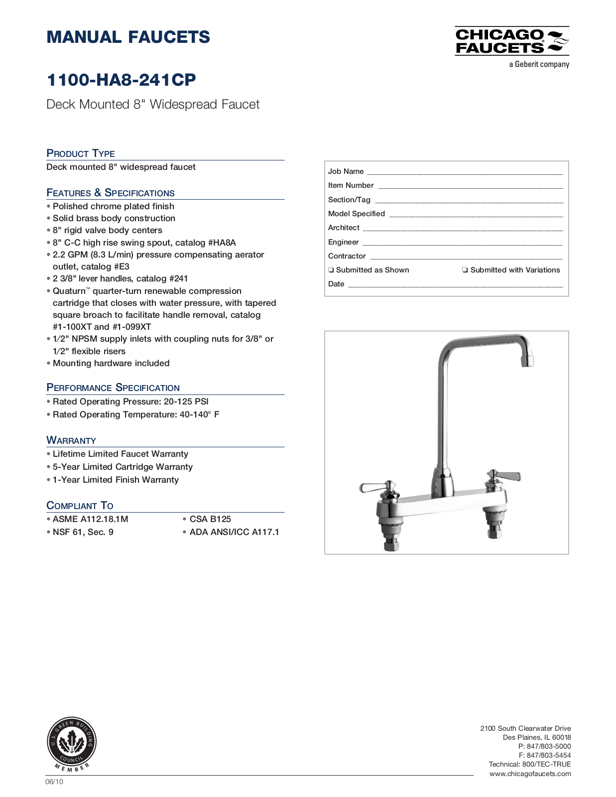 Chicago Faucet 1100-HA8-241 Specifications