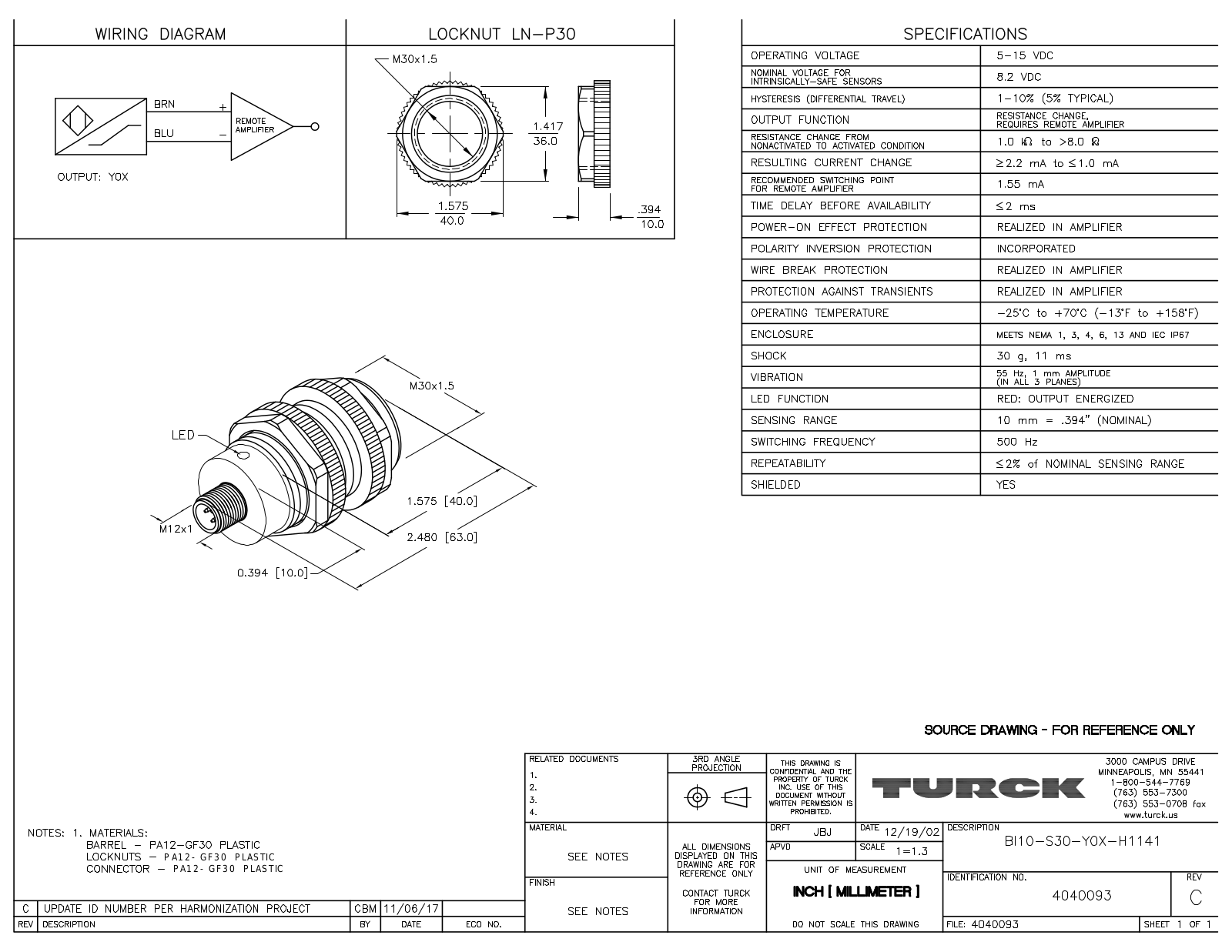 Turck BI10-S30-Y0X-H1141 Data Sheet