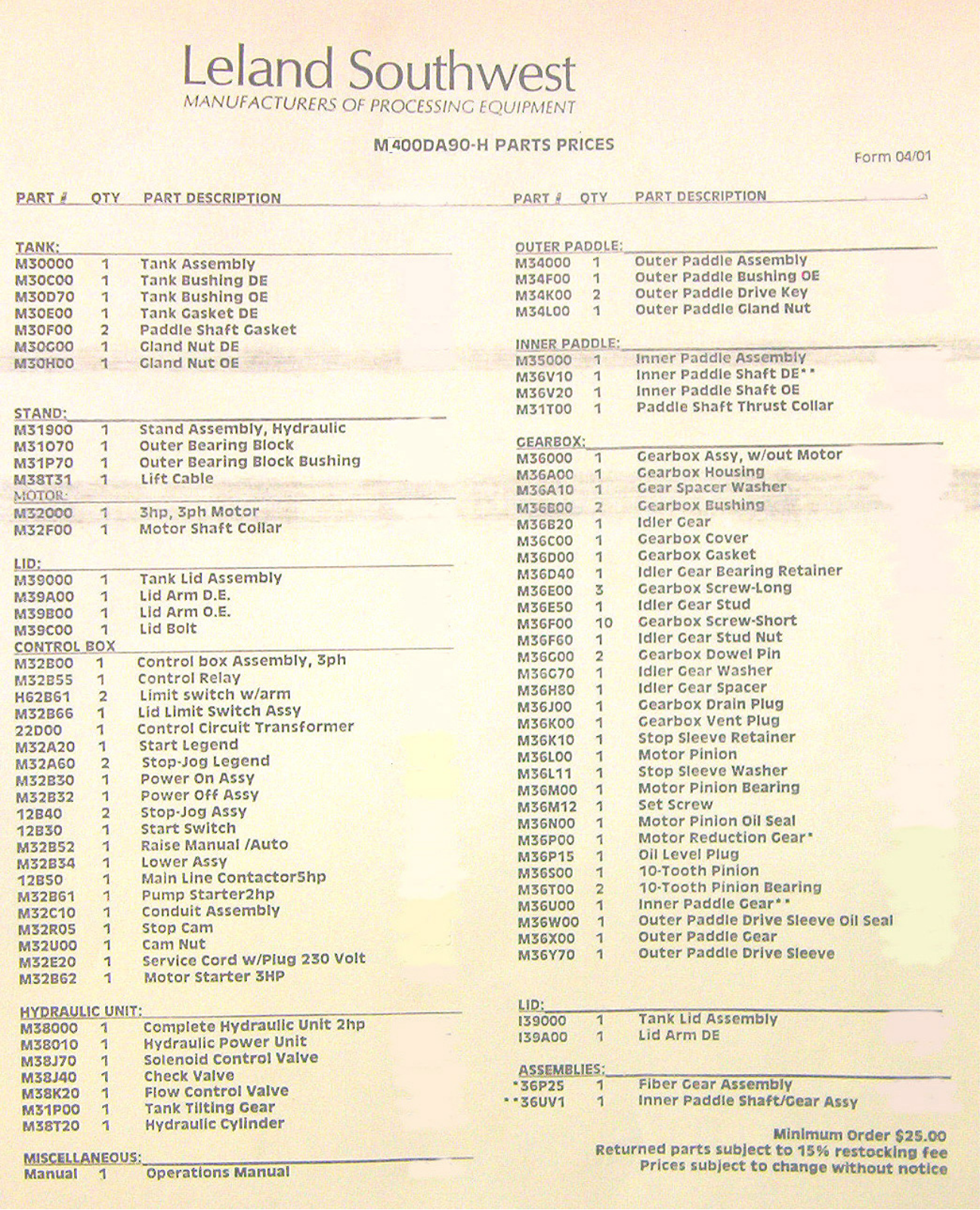 Leland M400DA90-H Parts List