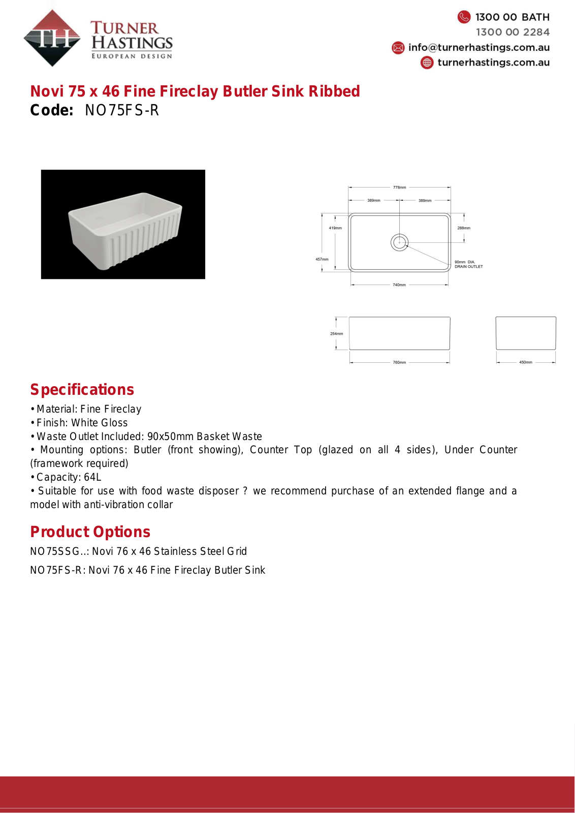 Turner Hastings PA75FS-F Specifications Sheet