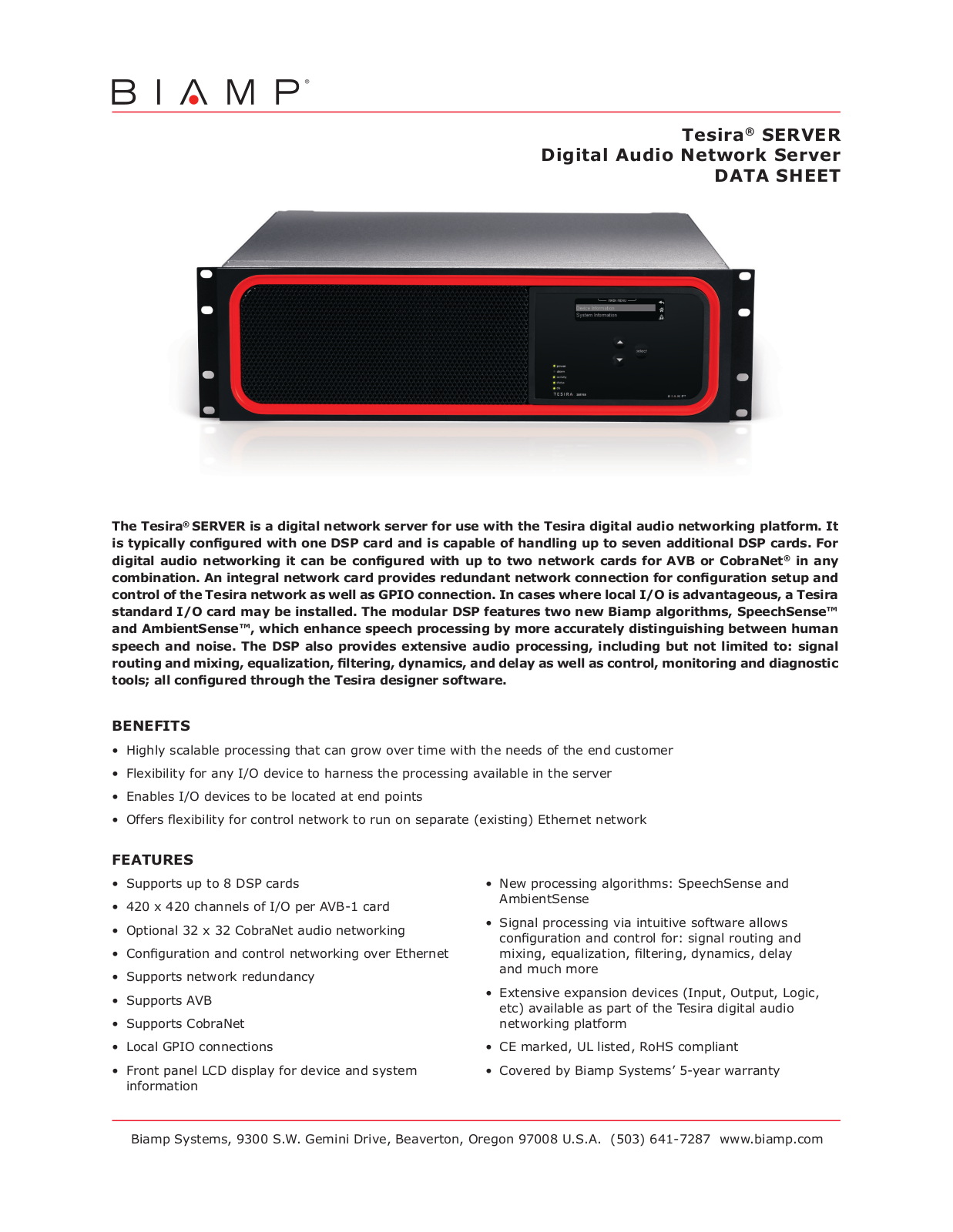 Biamp TESIRA SERVER DATASHEET