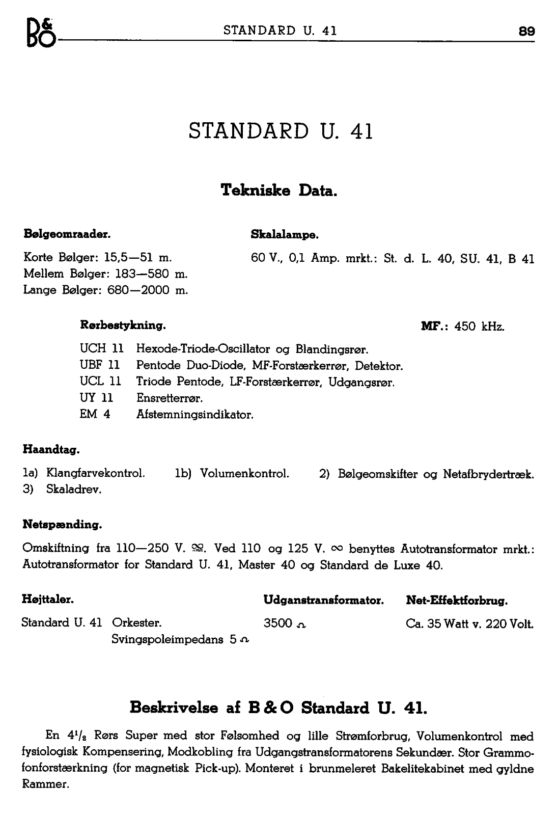 Bang Olufsen STANDARD-41-U Service Manual