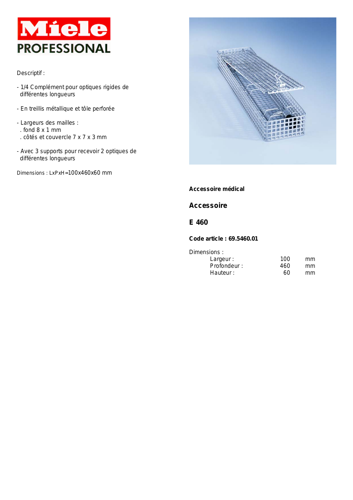 MIELE E 460 DESCRIPTIF User Manual