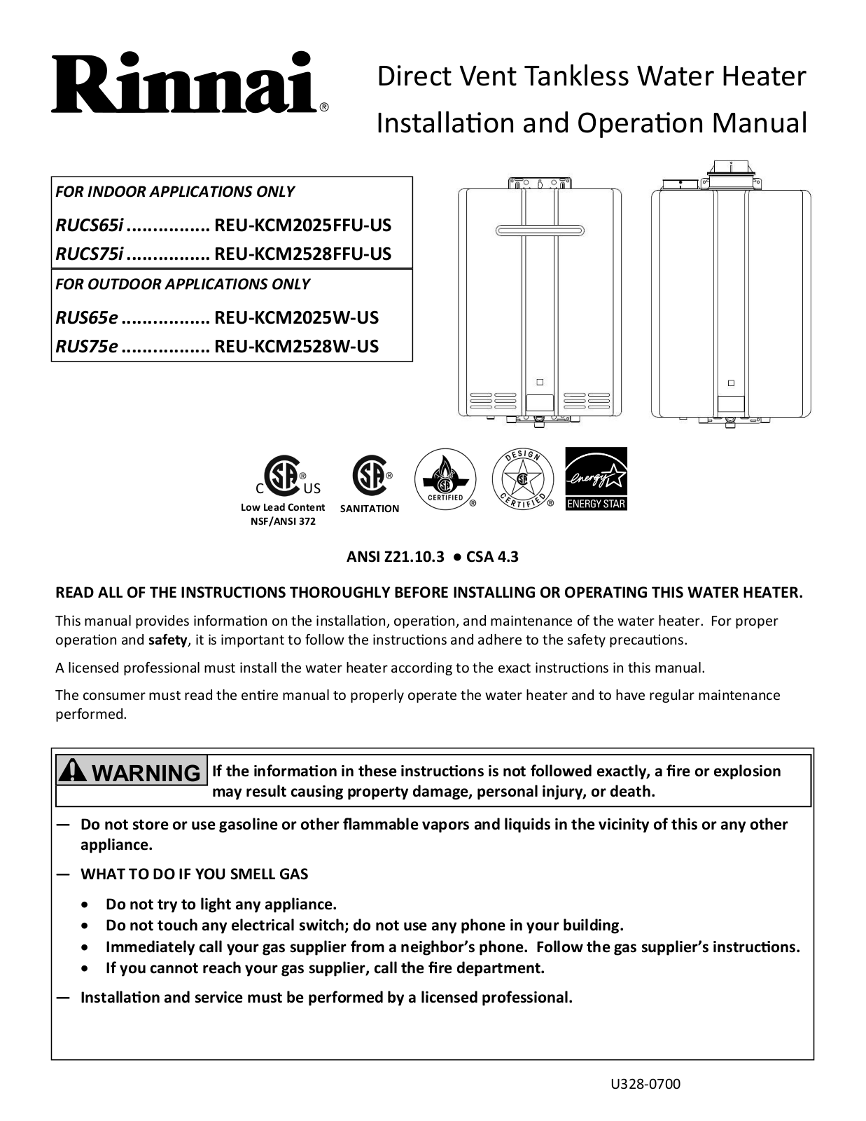 Rinnai Rice Cooker RUCS75i (REU-KCM2528FFU-US), RUS65e (REU-KCM2025W-US), RUS75e (REU-KCM2528W-US) Installation  Manual