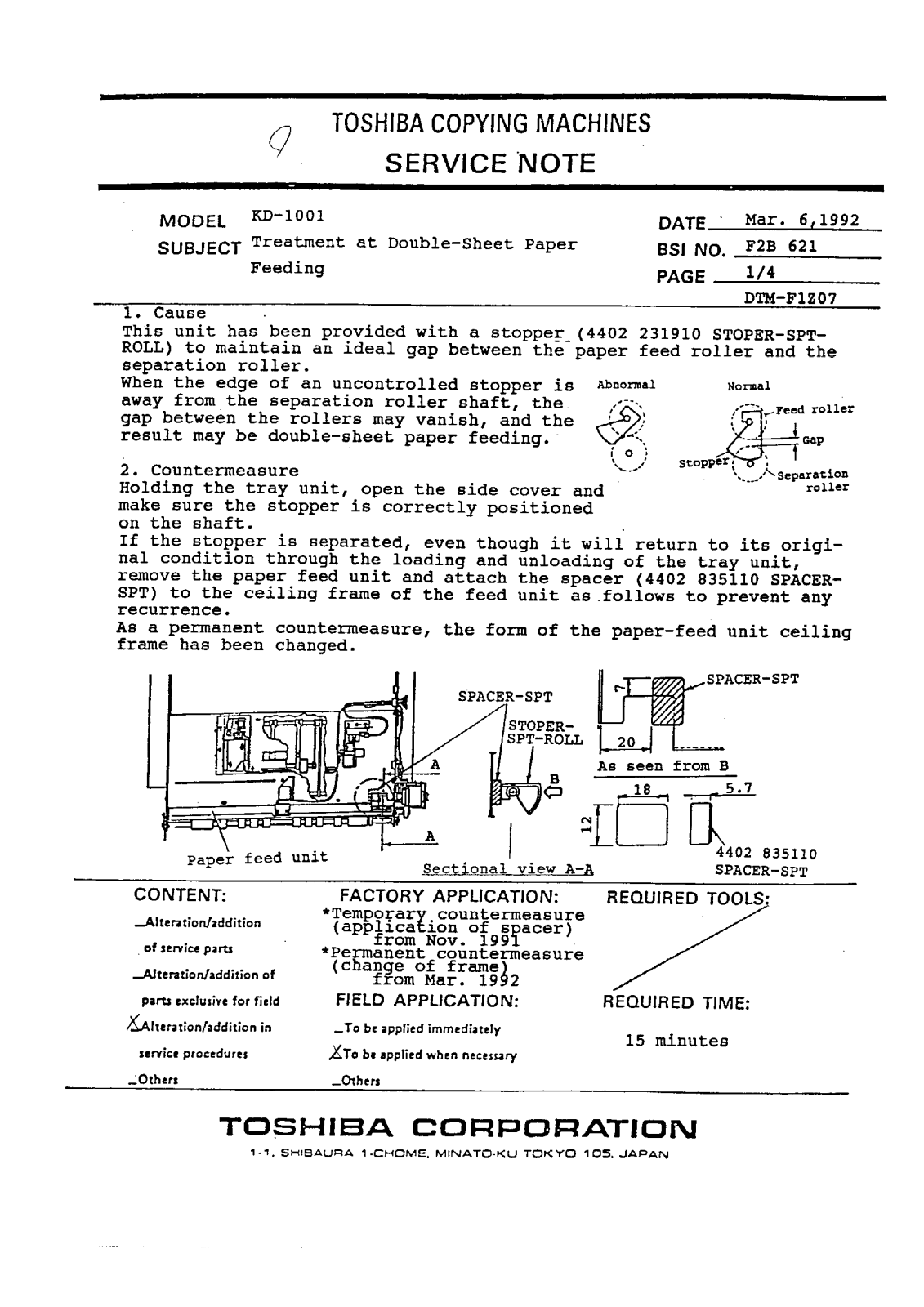 Toshiba f2b621 Service Note