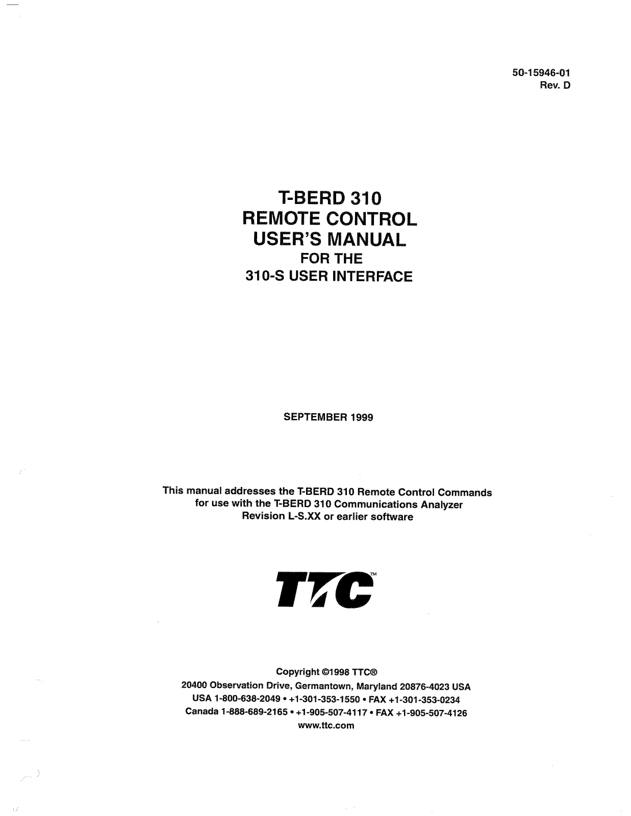 Telecommunications Techniques Corporation T-BERD 310 Service manual