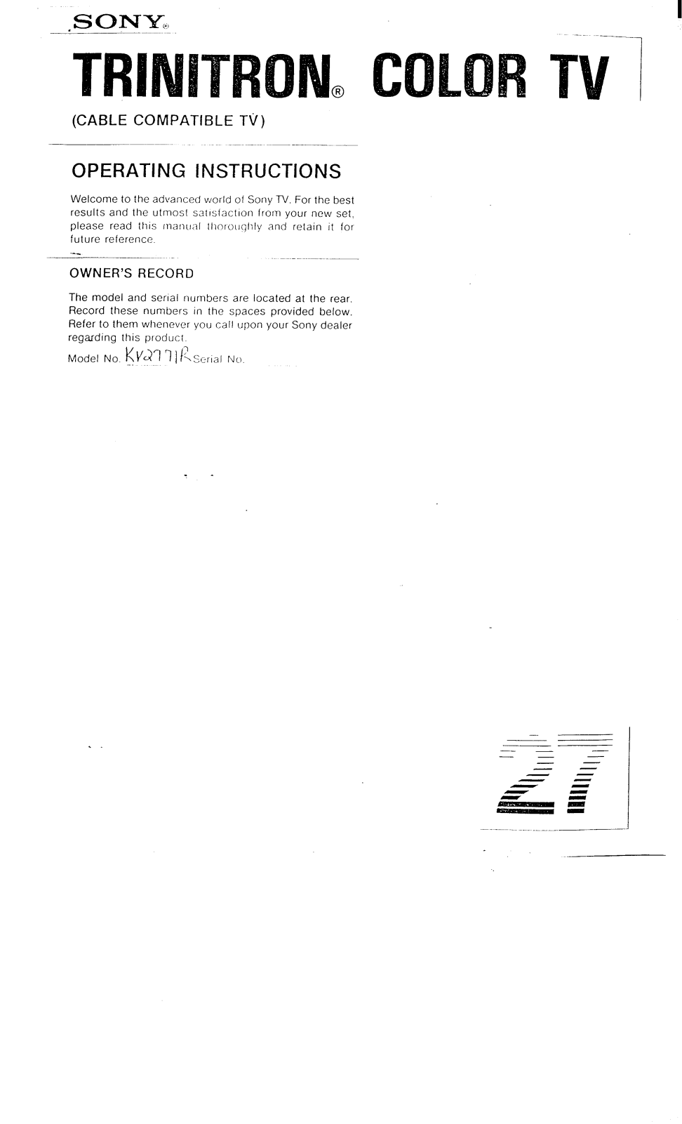 Sony KV-2771R Primary User Manual