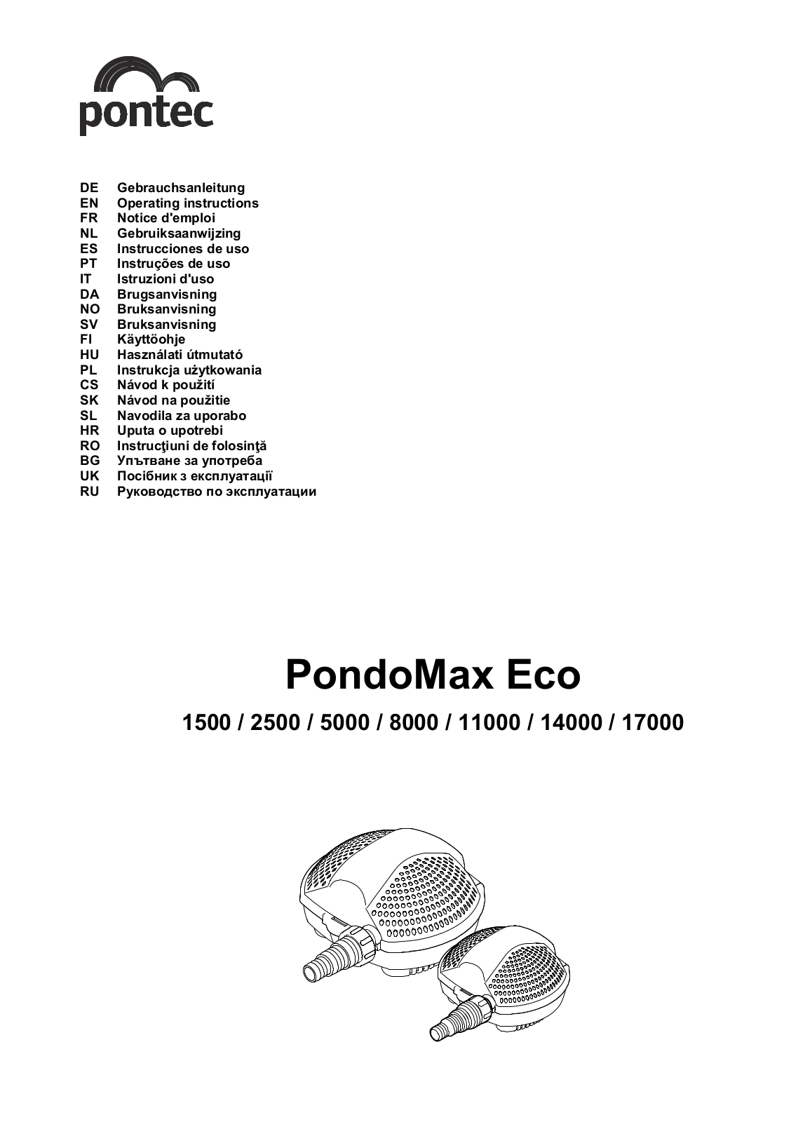 Pontec PondoMax Eco 1500, PondoMax Eco 2500, PondoMax Eco 5000, PondoMax Eco 8000, PondoMax Eco 11000 operation manual