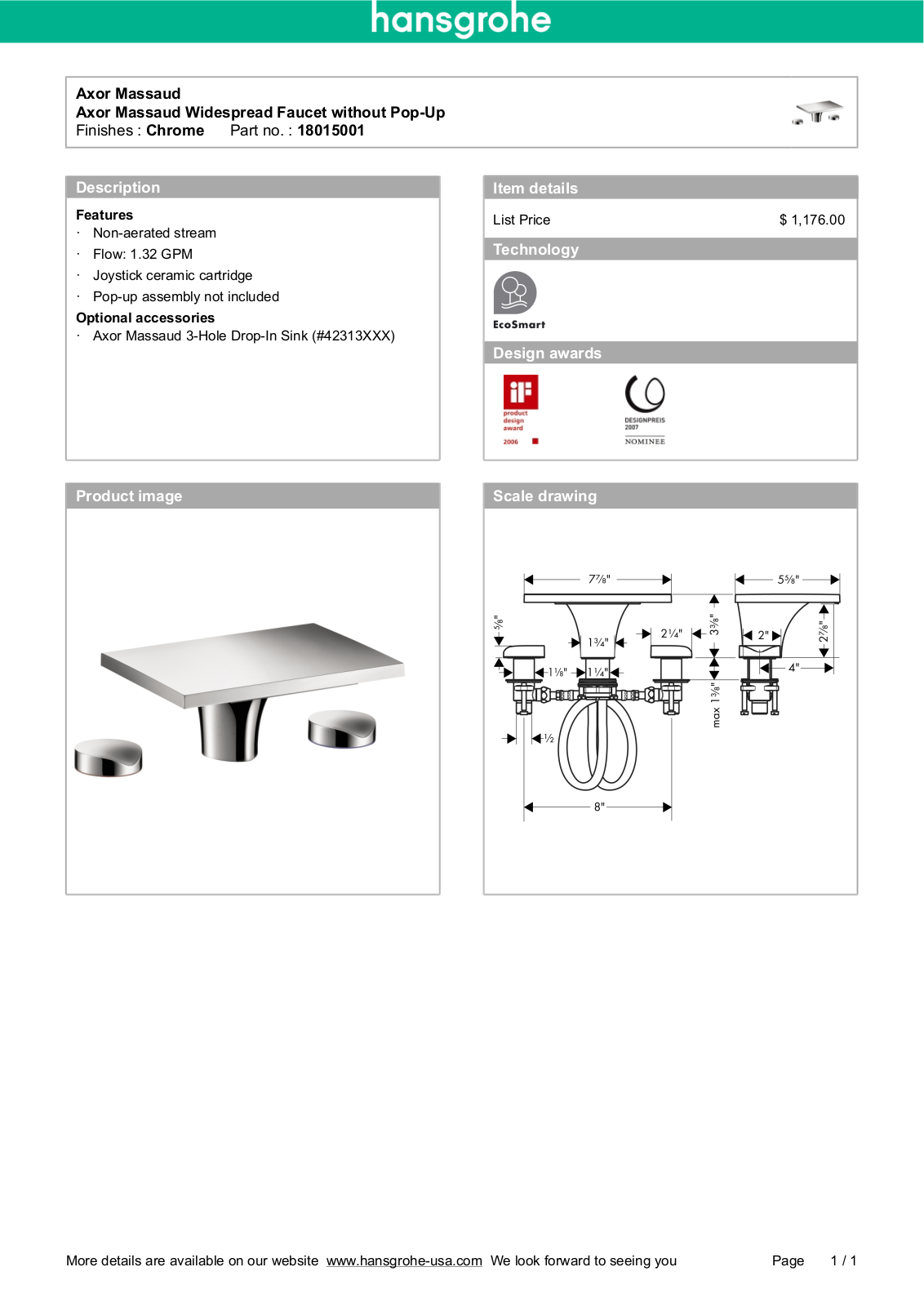 Hansgrohe 18015001 Specs