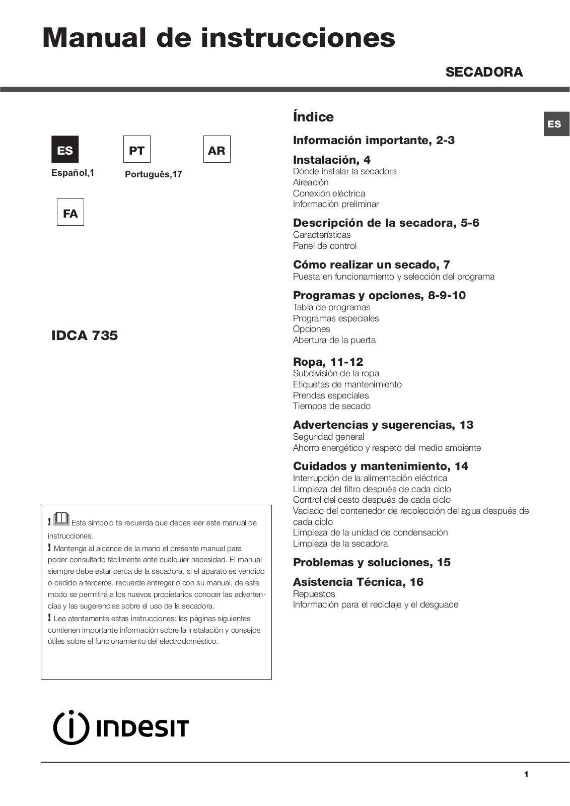 INDESIT IDCA 735 B (EU) User Manual