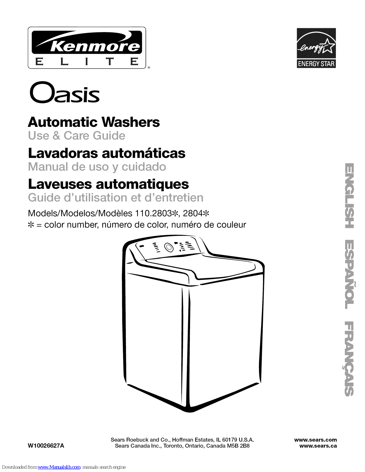 Kenmore 2803 - Elite Oasis Agitator 4.5 cu. Ft. Capacity Washer, 110.28032701, 110.2803series, 2804series, Oasis 110.2803 Use And Care Manual - ManualMachine.com