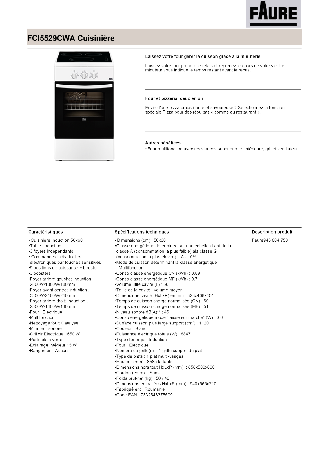 Faure FCI5529CWA product sheet