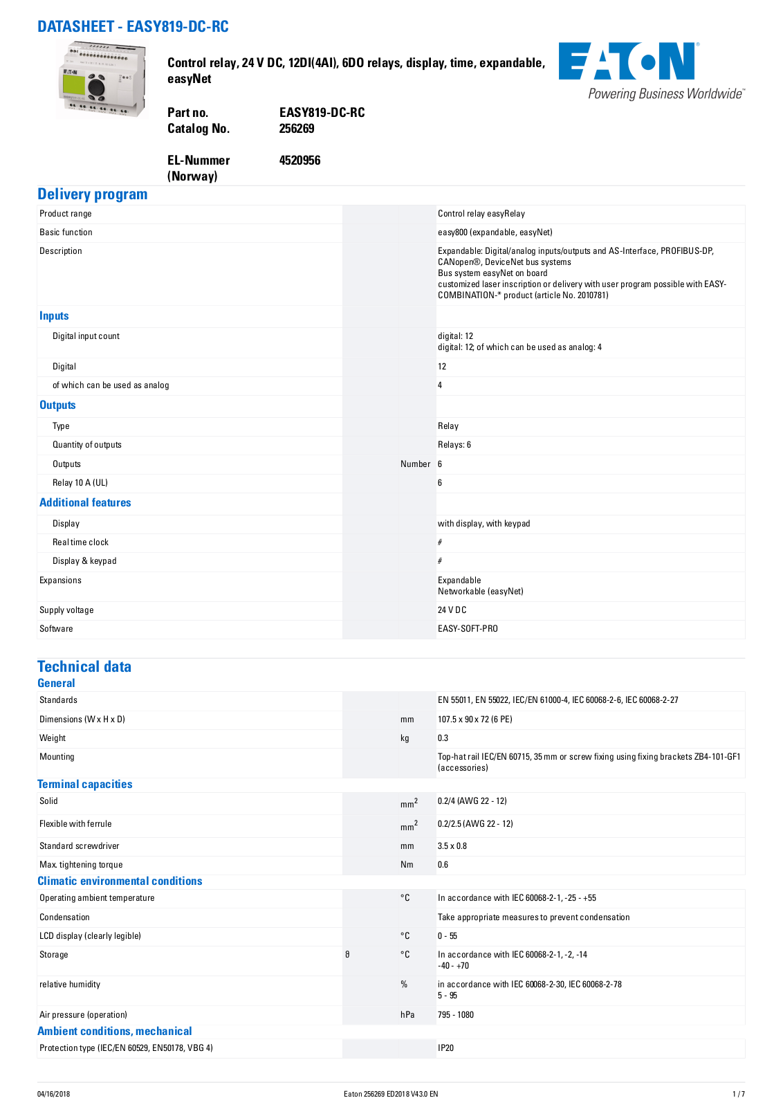 Klockner-Moeller, Div of Eaton Corp. EASY819-DC-RC Data Sheet