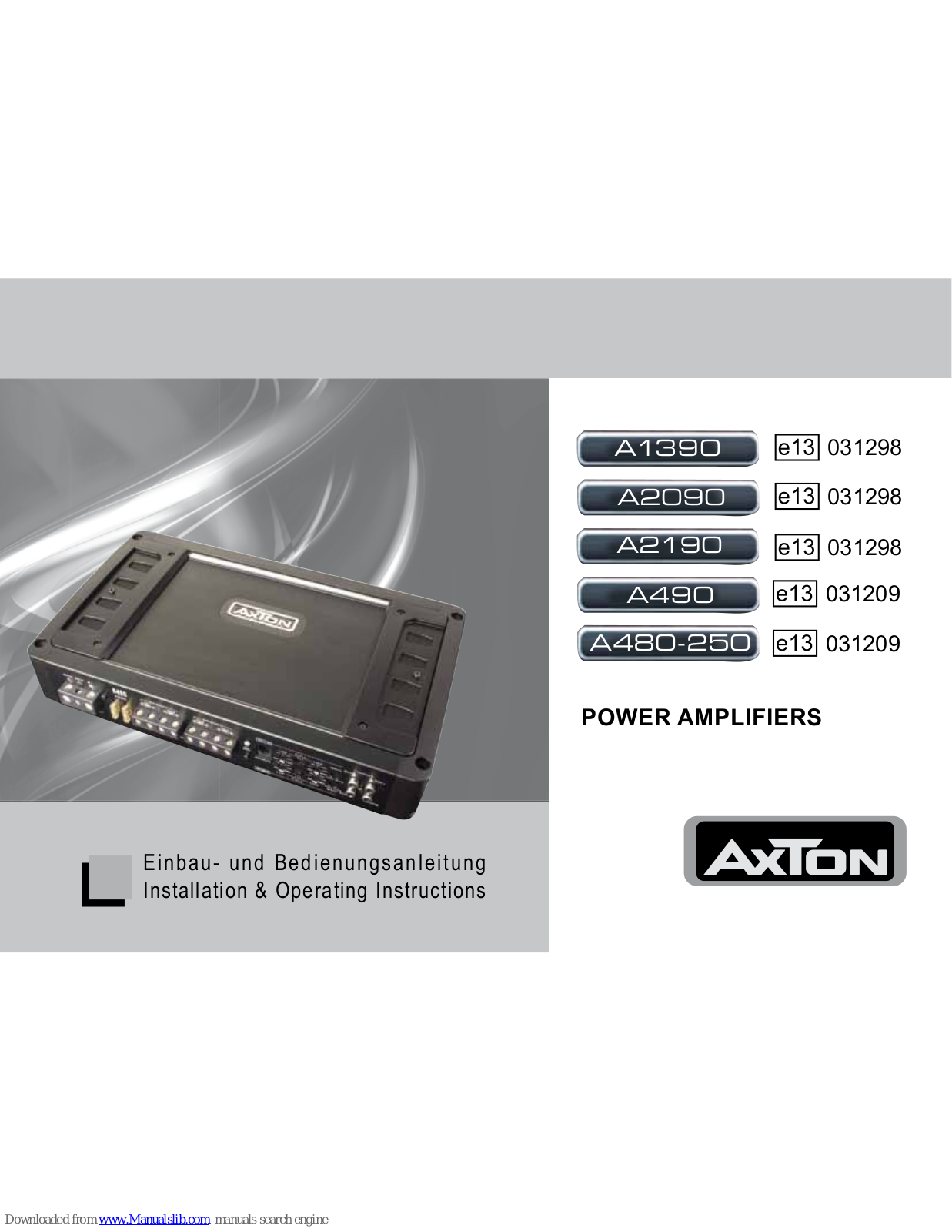 AXTON A1390, A2190, A490, A480-250, A2090 Installation & Operating Instructions Manual