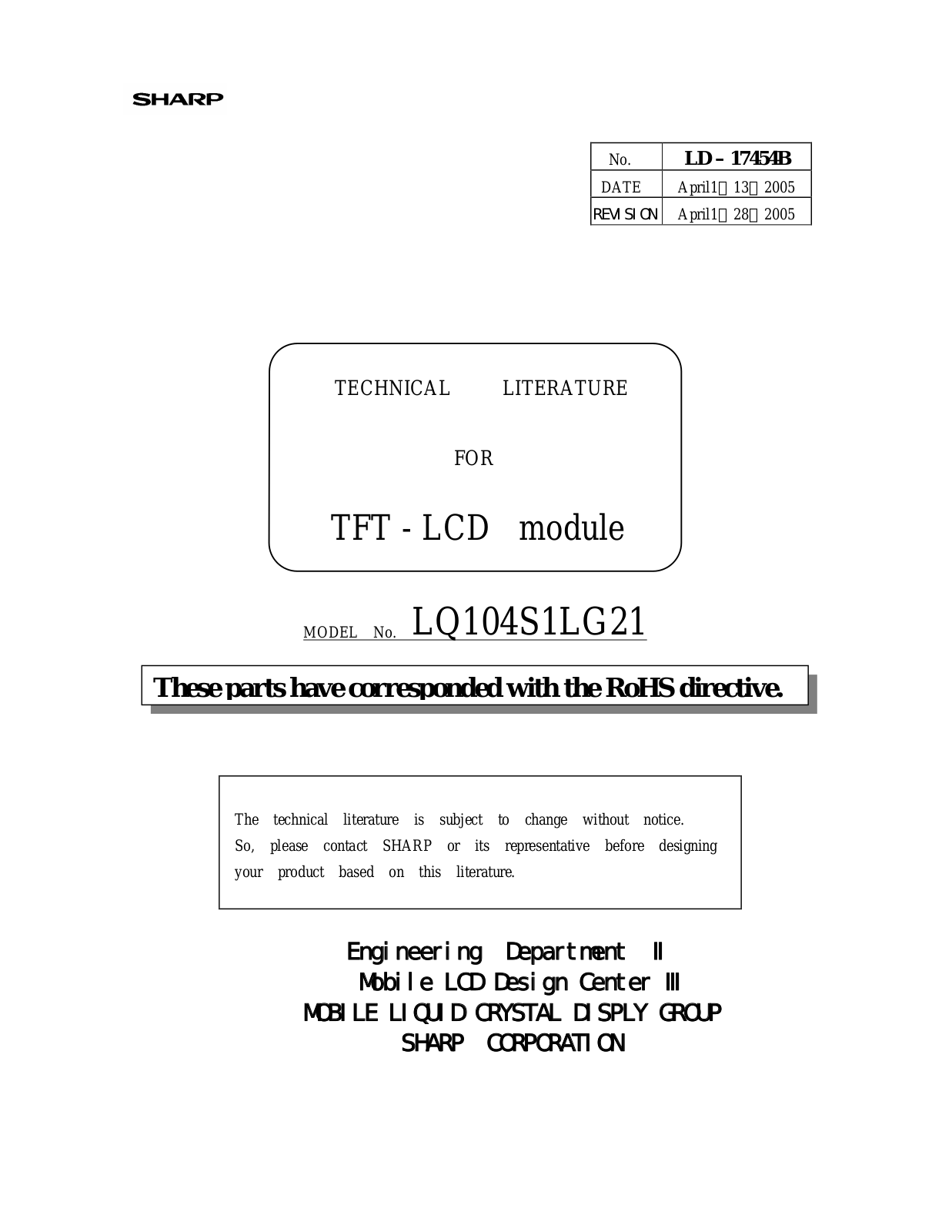 SHARP LQ104S1LG21 User Manual