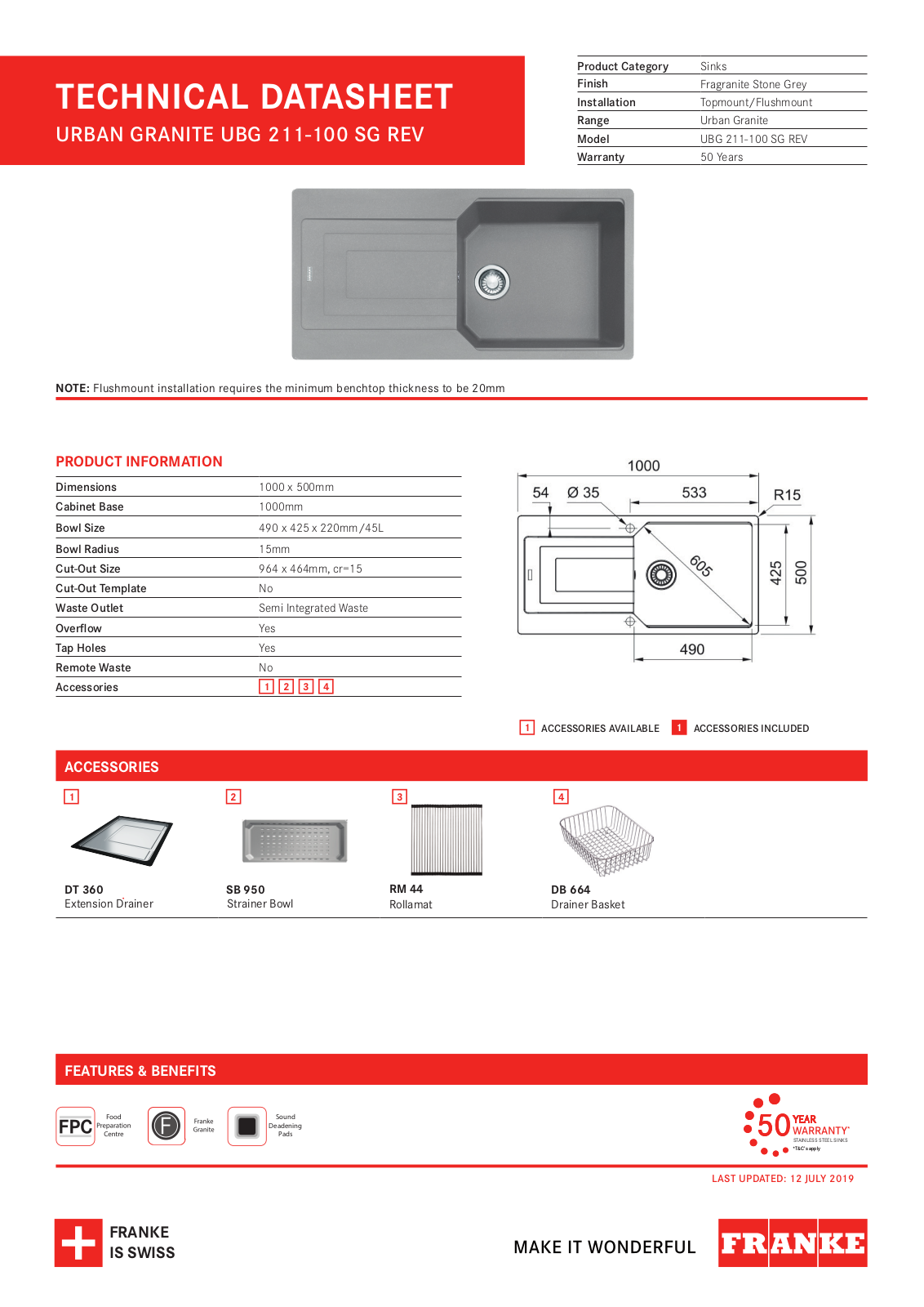 Franke UBG211-100ST Specifications Sheet - ManualMachine.com