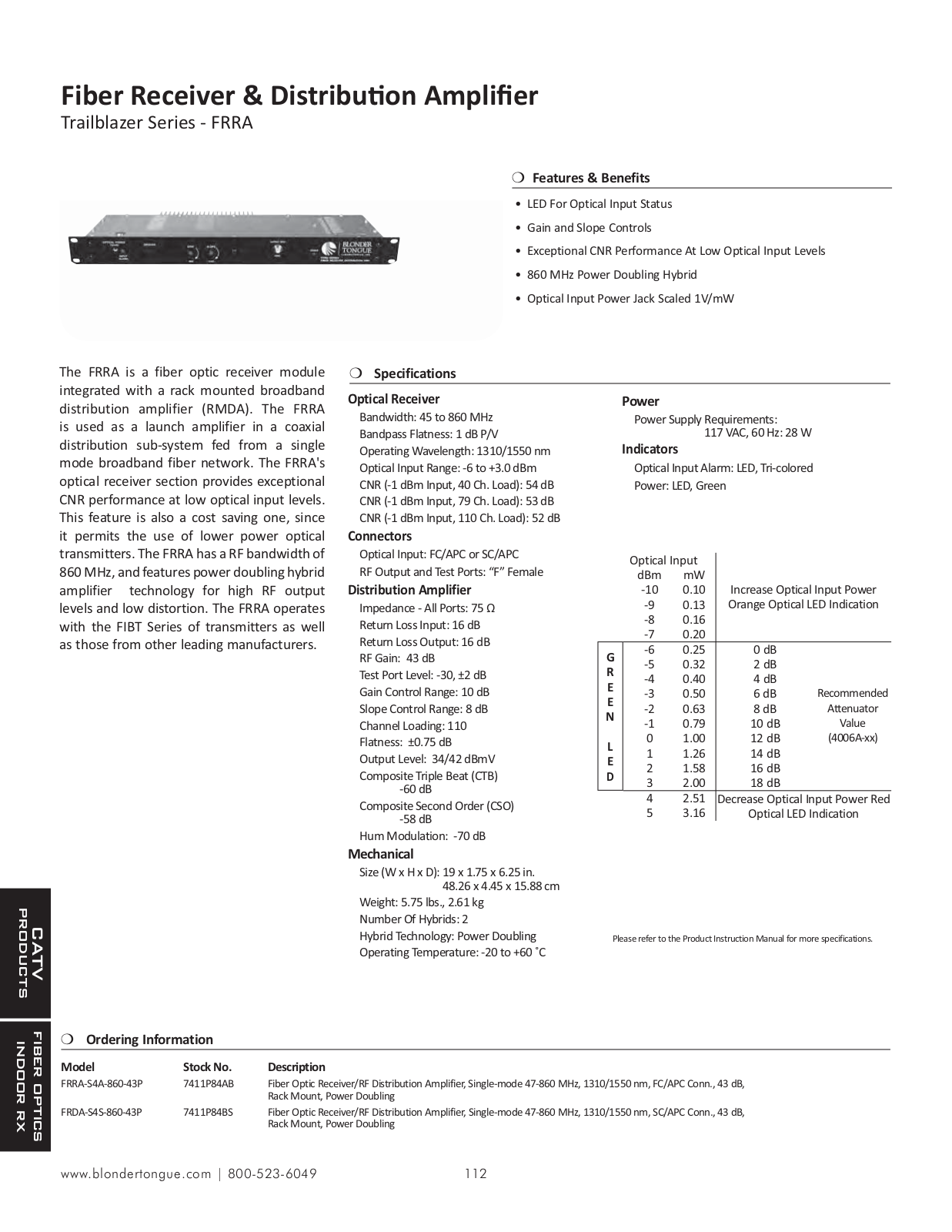 Blonder-Tongue FRRA-S4A-860-43P Specifications