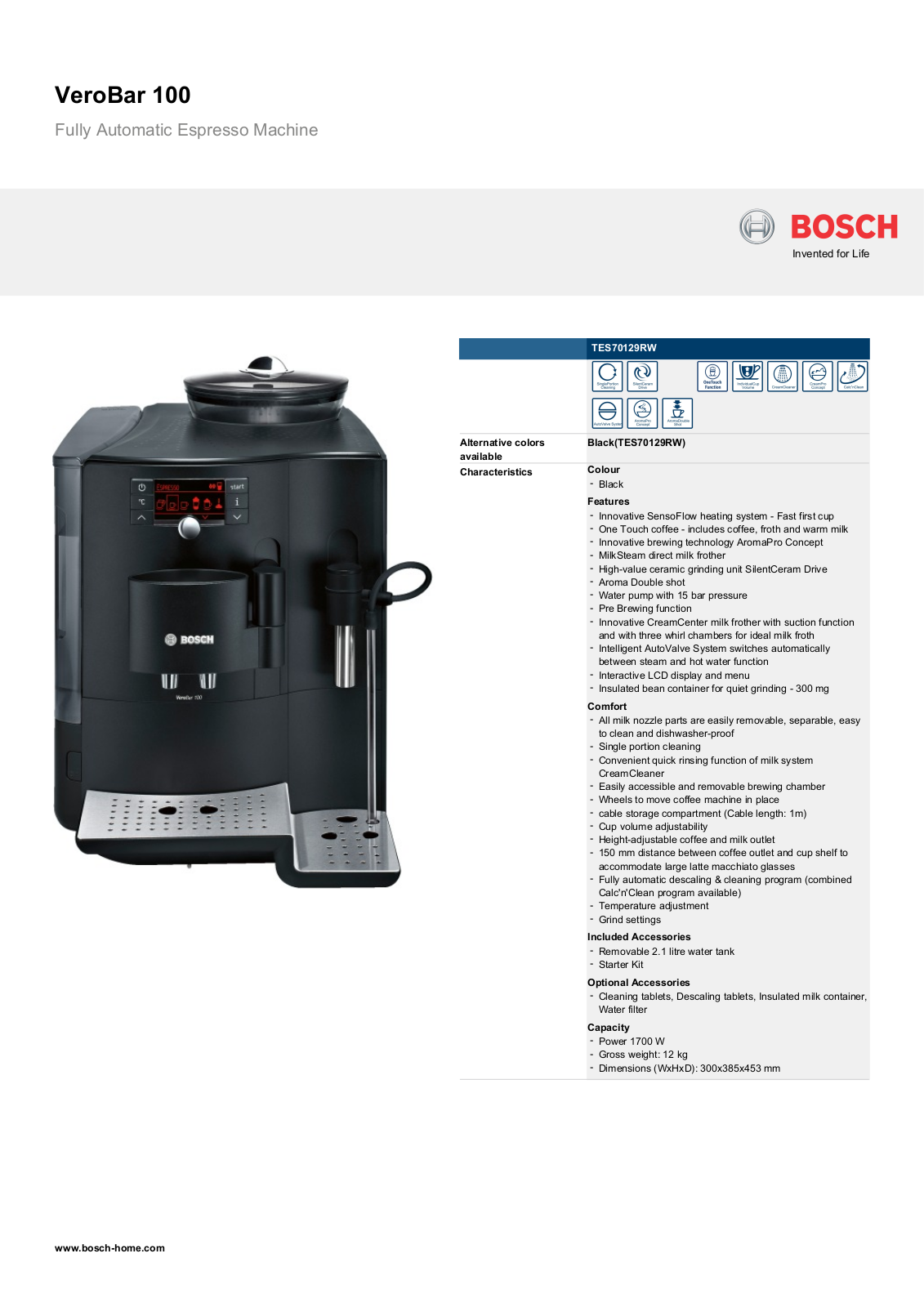 Bosch TES70129RP Product Sheet
