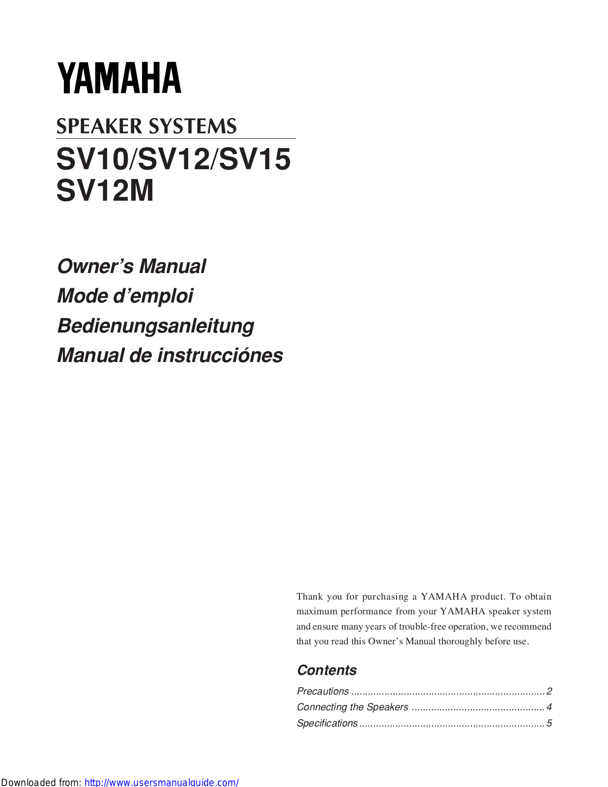 Yamaha Audio SV12M, SV12, SV15, SV10 User Manual