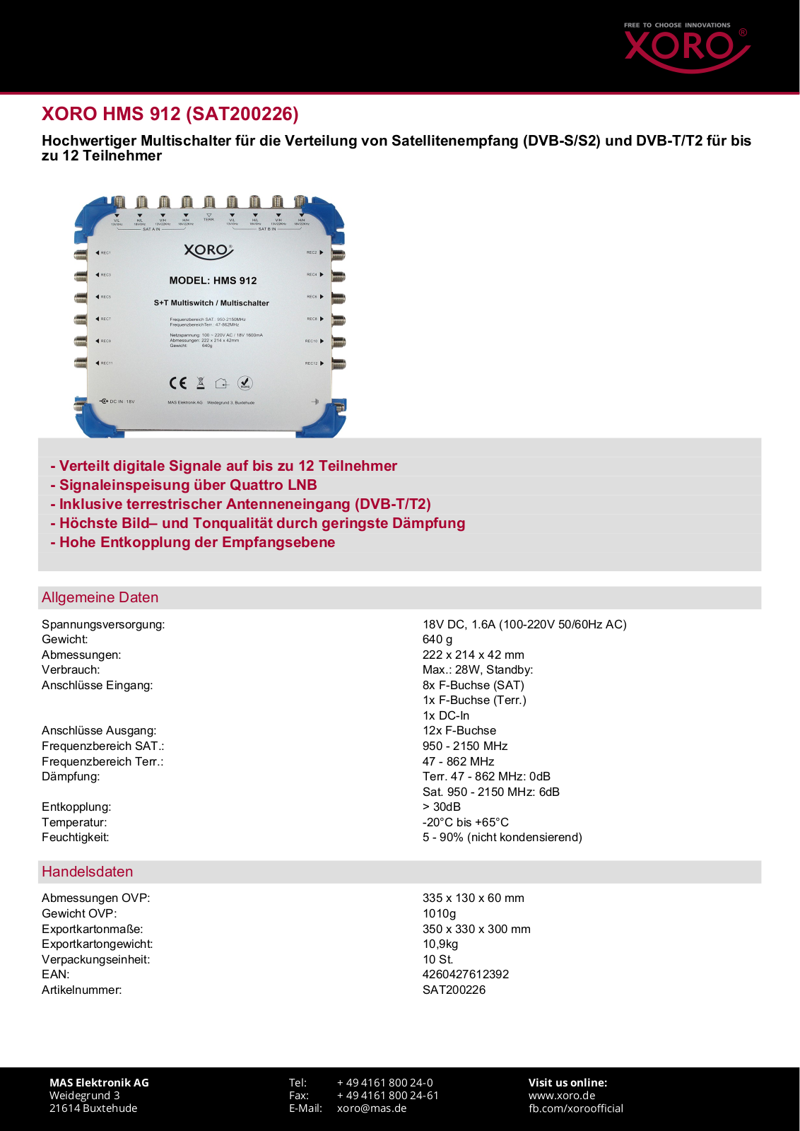 Xoro HMS 912 Technical data