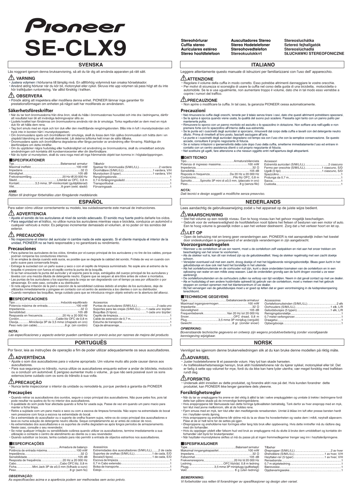 PIONEER SE-CLX9 User Manual