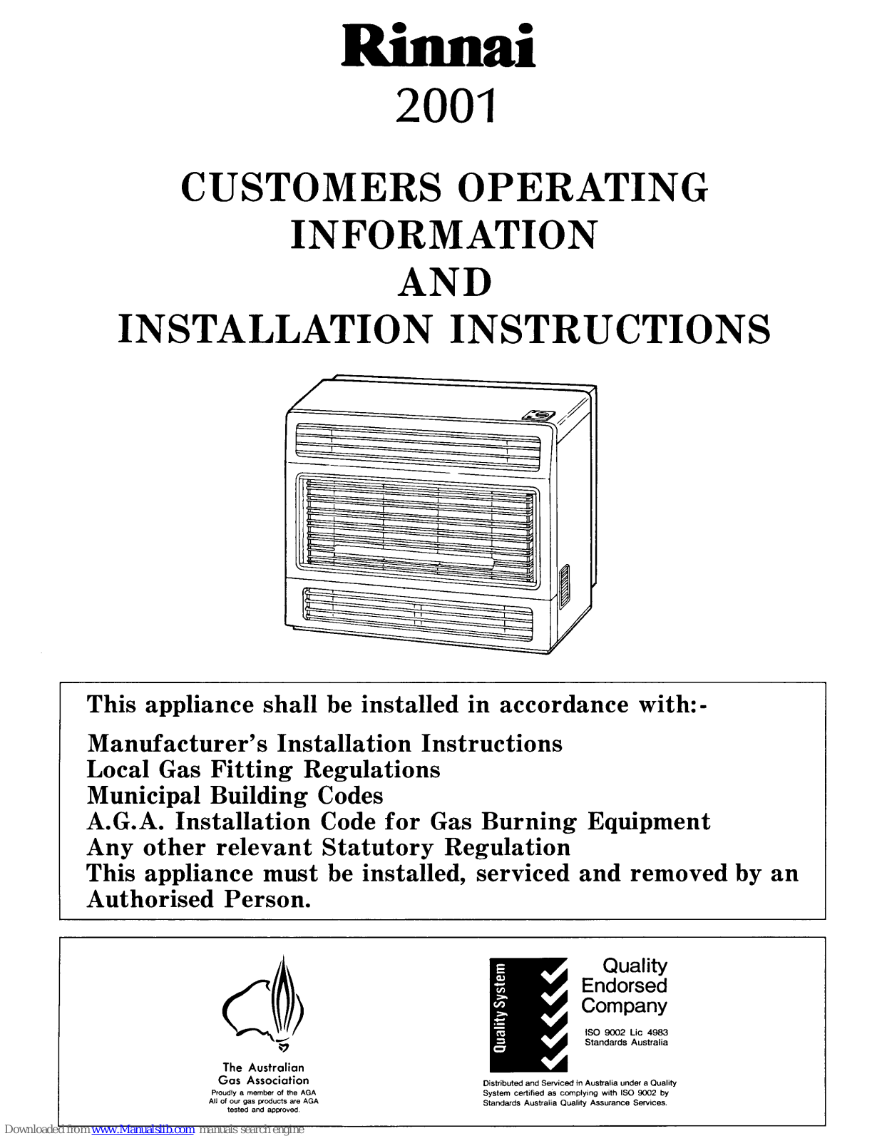 Rinnai 2001 Operating Information And Installation Instructions