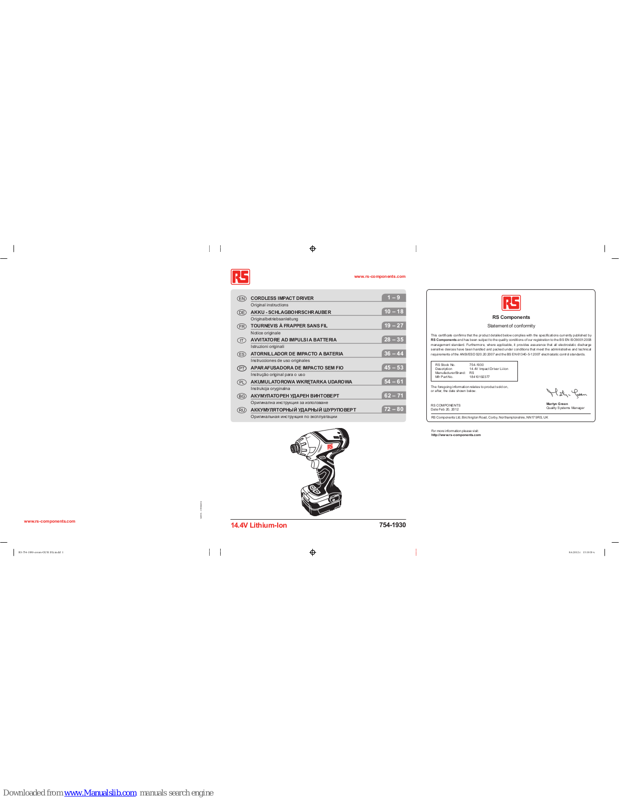 RS Components 754-1930 Original Instructions Manual - ManualMachine.com