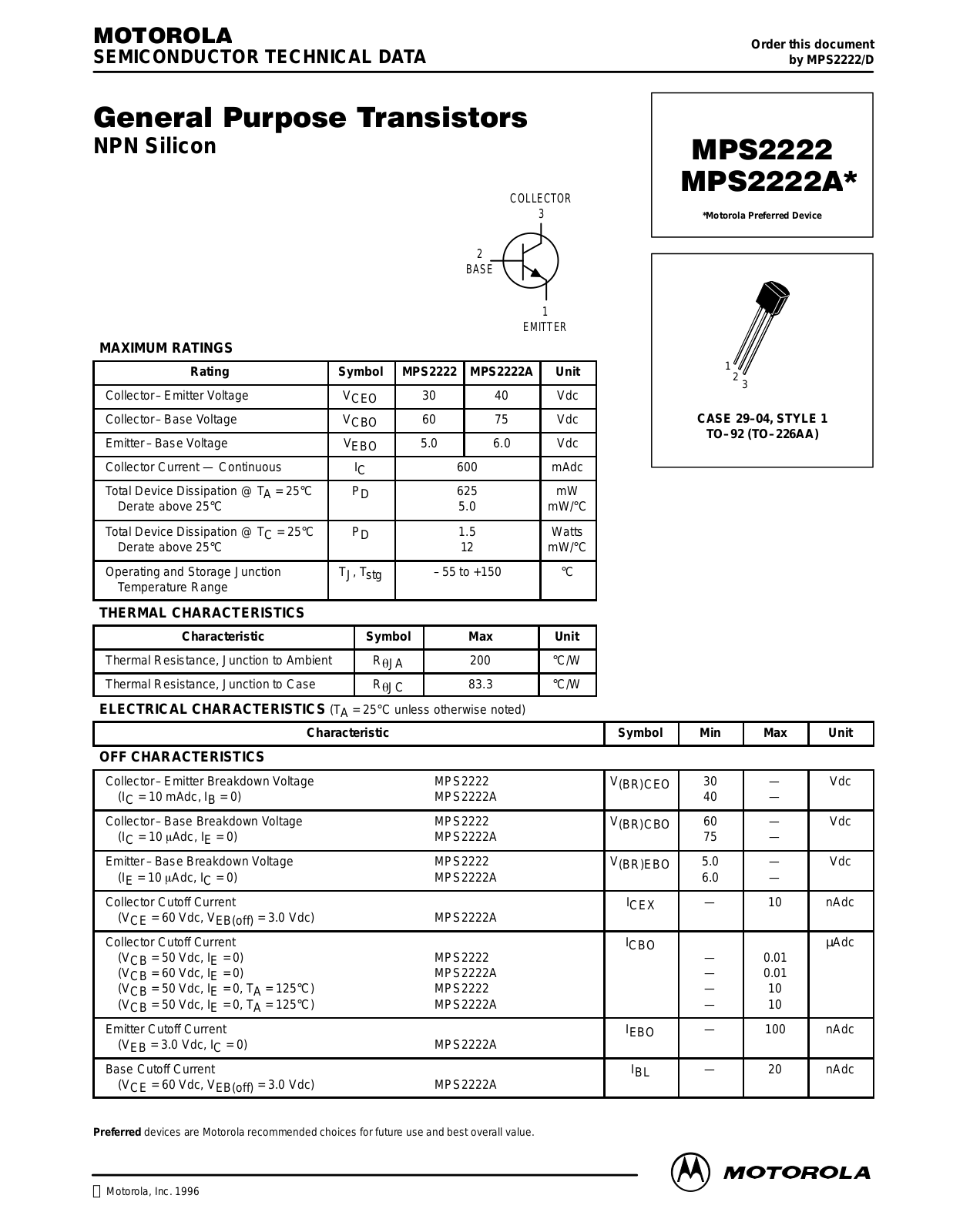 Motorola MPS2222A Datasheet