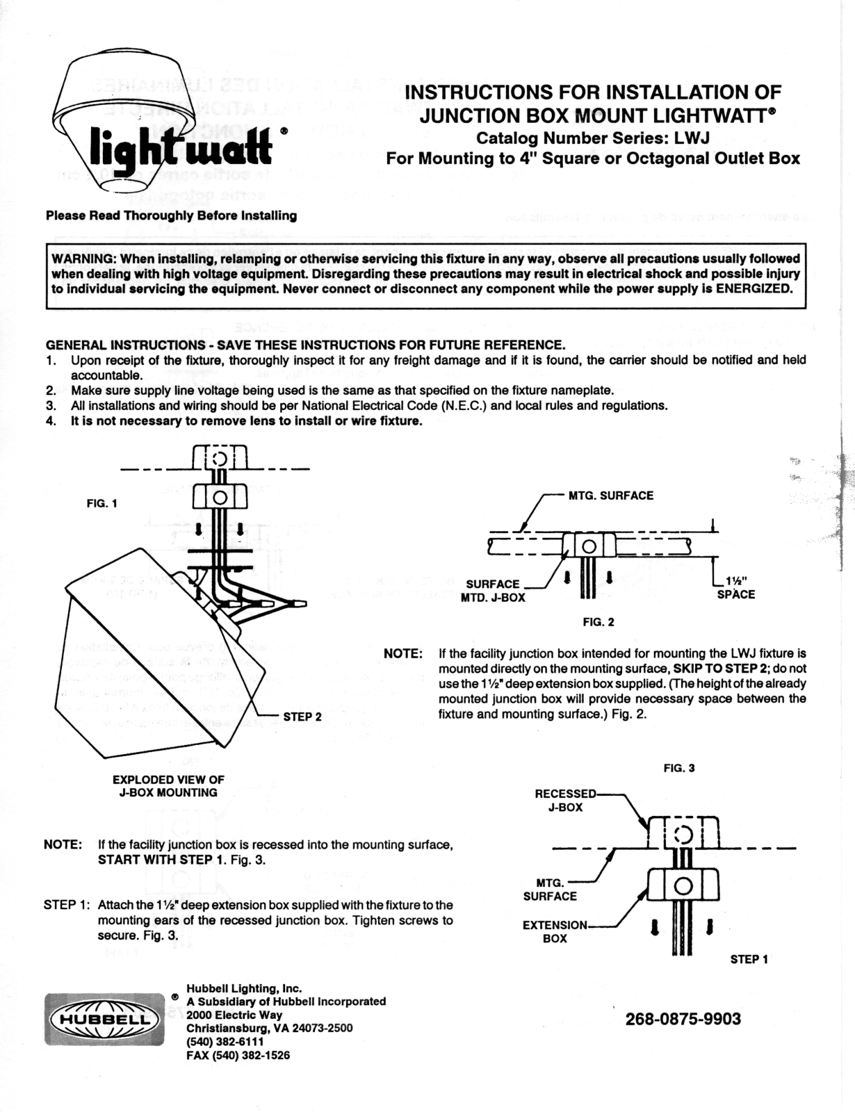 Hubbell Lighting LWJ JUNCTION BOX MT User Manual