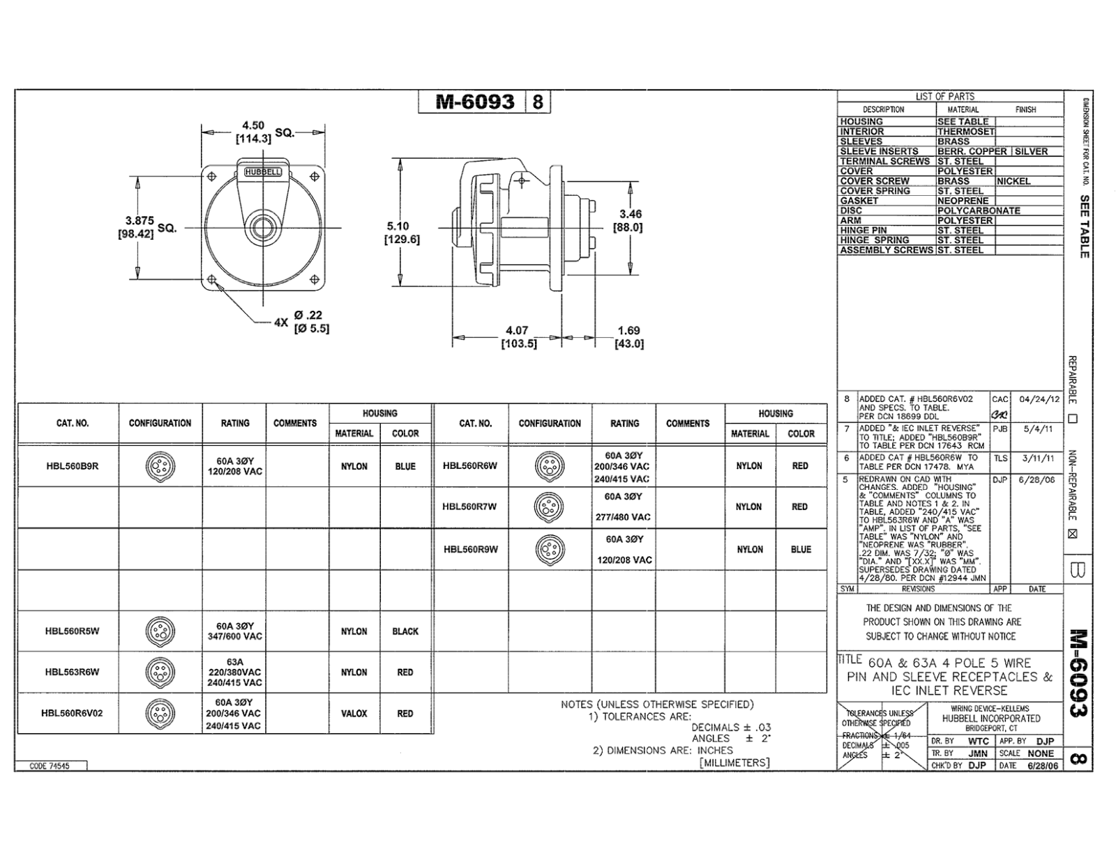 Hubbell HBL560R7W Reference Drawing