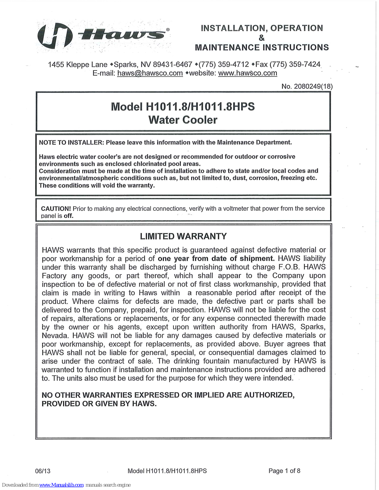 Haws H1011.8, H1011.8HPS Installation, Operation, & Maintenance Instruction