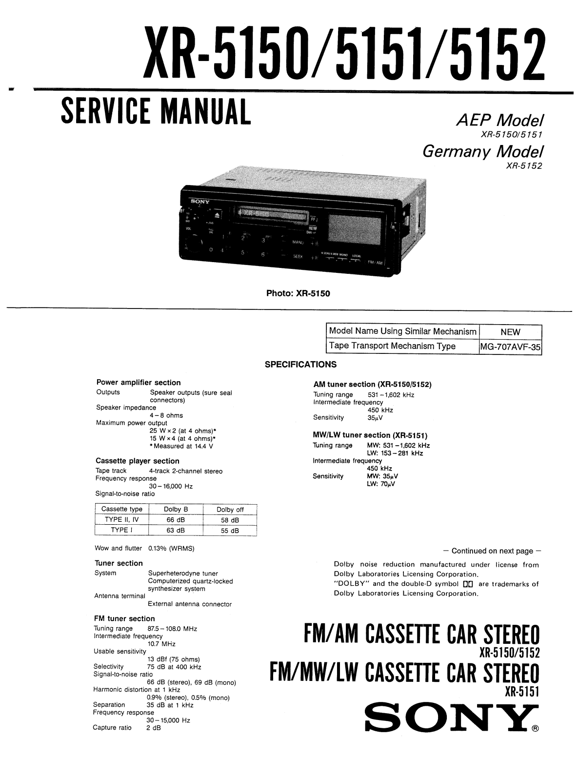 Sony XR-5152 Service manual